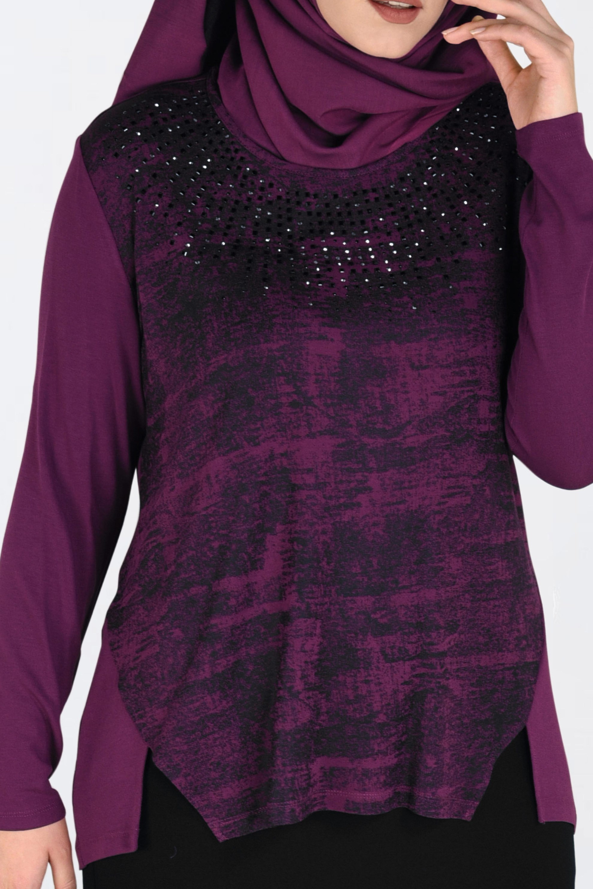 Tesettür giyim FUŞYA ÇİFT RENK TAŞ BASKILI BLUZ 2775