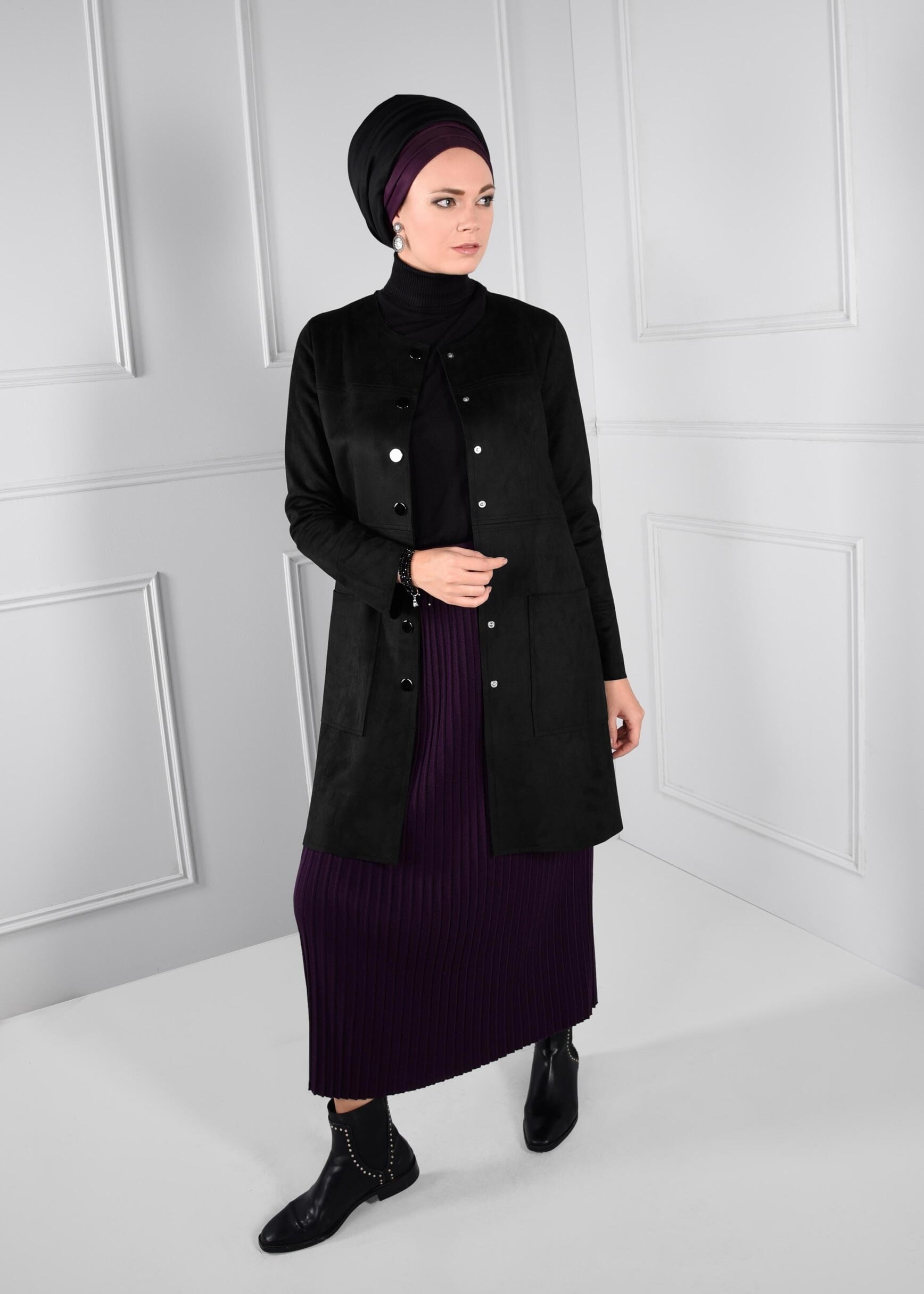 Tesettür giyim SİYAH BOYDAN DÜĞMELİ CEPLİ SÜET CEKET 4703 