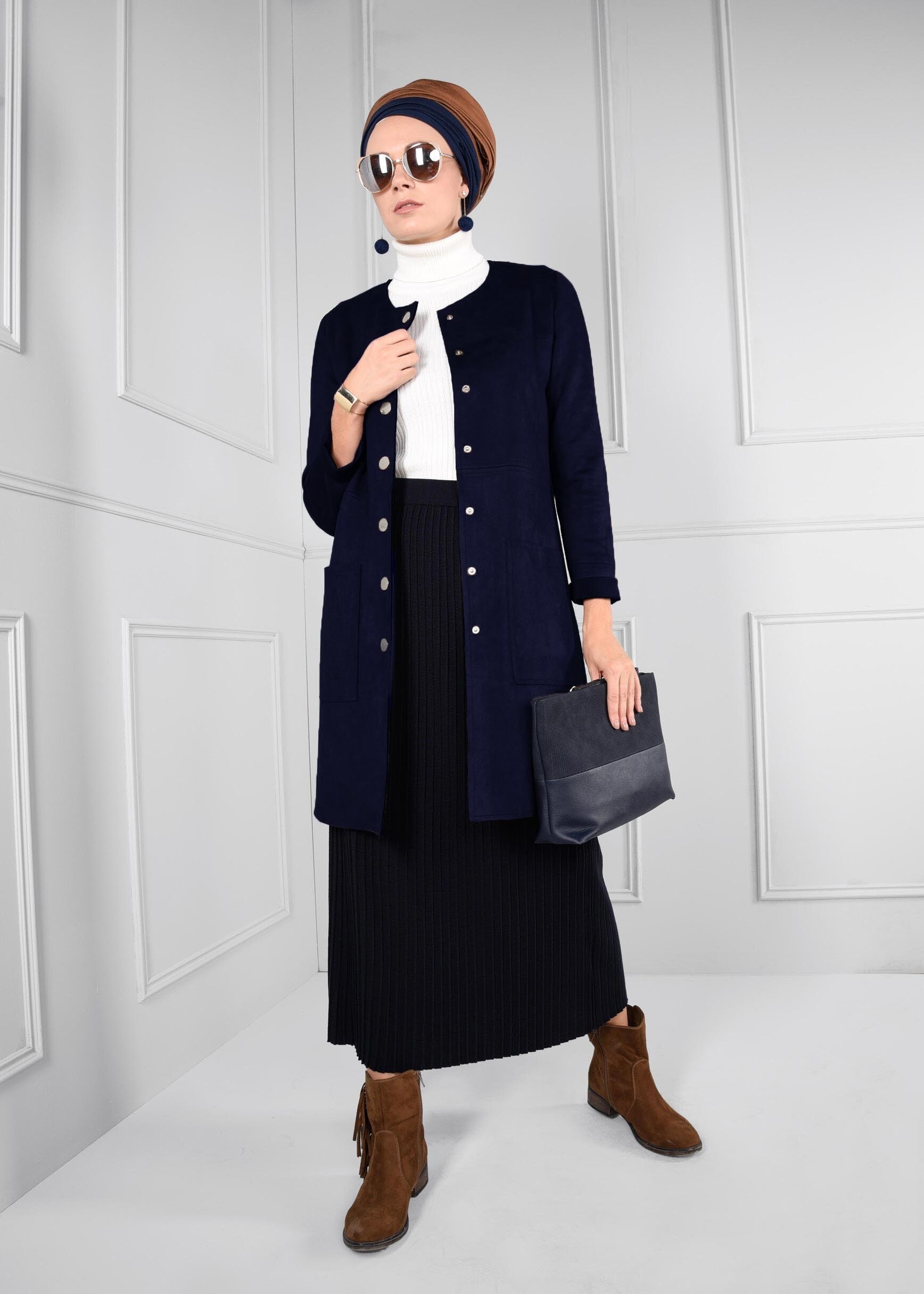 Tesettür giyim LACİVERT BOYDAN DÜĞMELİ CEPLİ SÜET CEKET 4703 