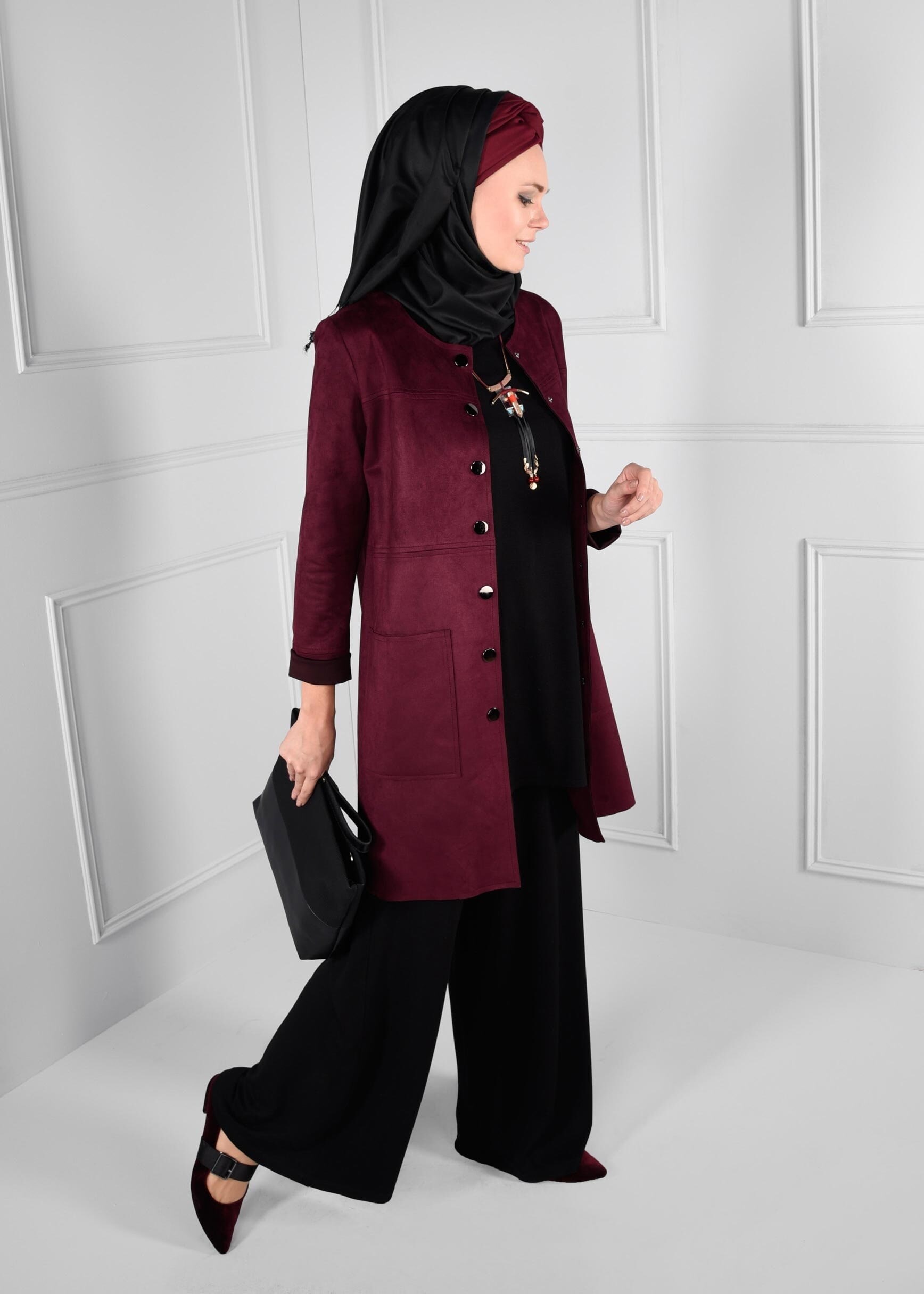 Tesettür giyim MÜRDÜM BOYDAN DÜĞMELİ CEPLİ SÜET CEKET 4703 
