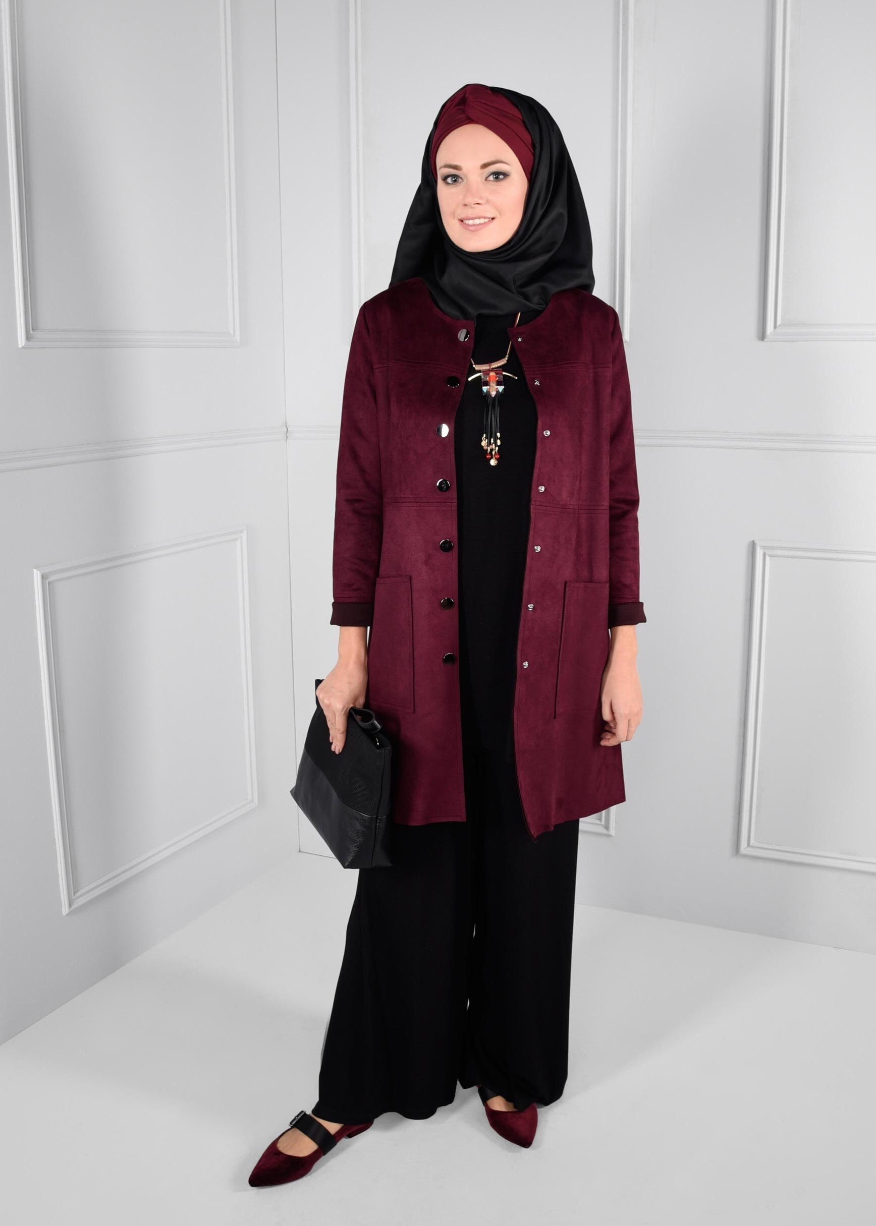 Tesettür giyim MÜRDÜM BOYDAN DÜĞMELİ CEPLİ SÜET CEKET 4703 