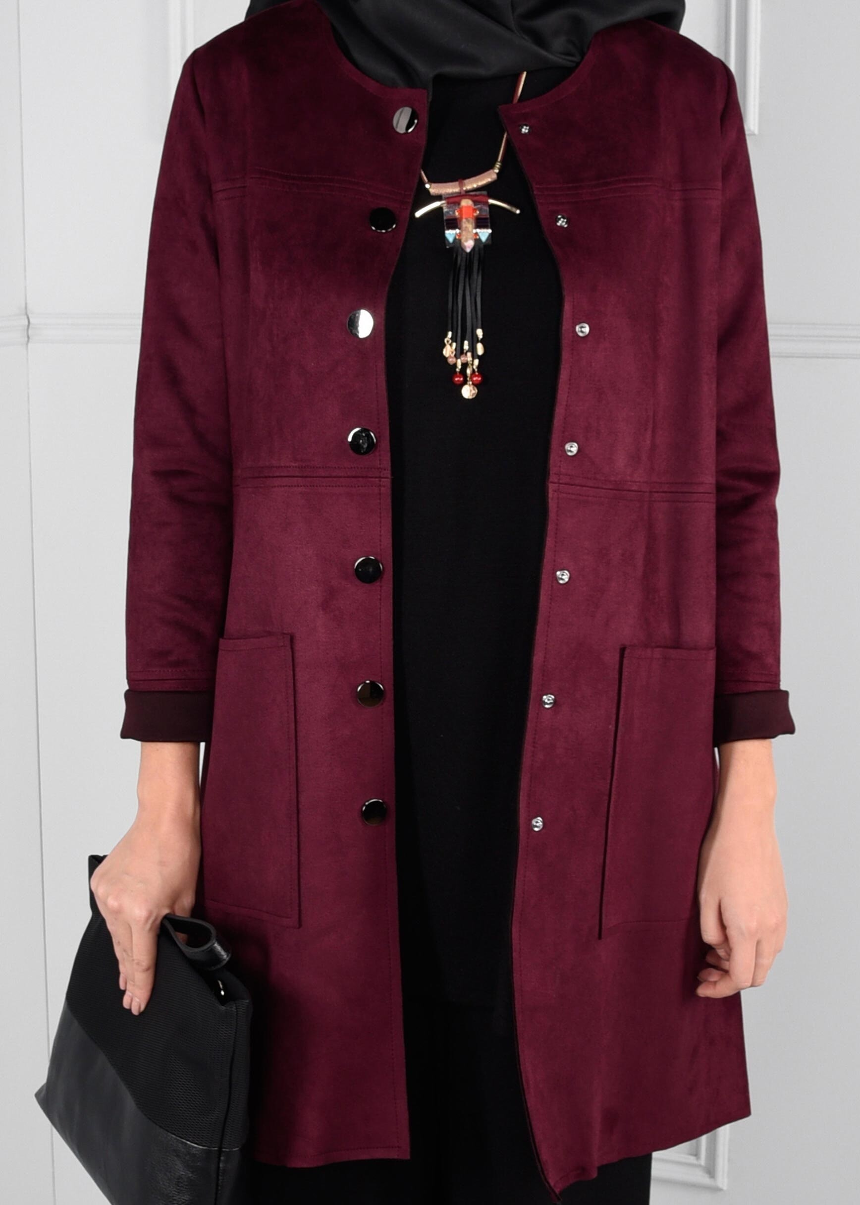 Tesettür giyim MÜRDÜM BOYDAN DÜĞMELİ CEPLİ SÜET CEKET 4703 