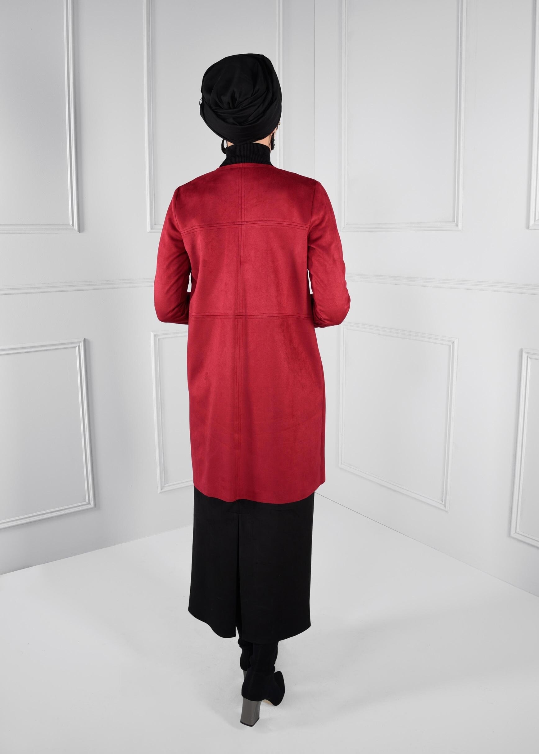 Tesettür giyim BORDO BOYDAN DÜĞMELİ CEPLİ SÜET CEKET 4703 