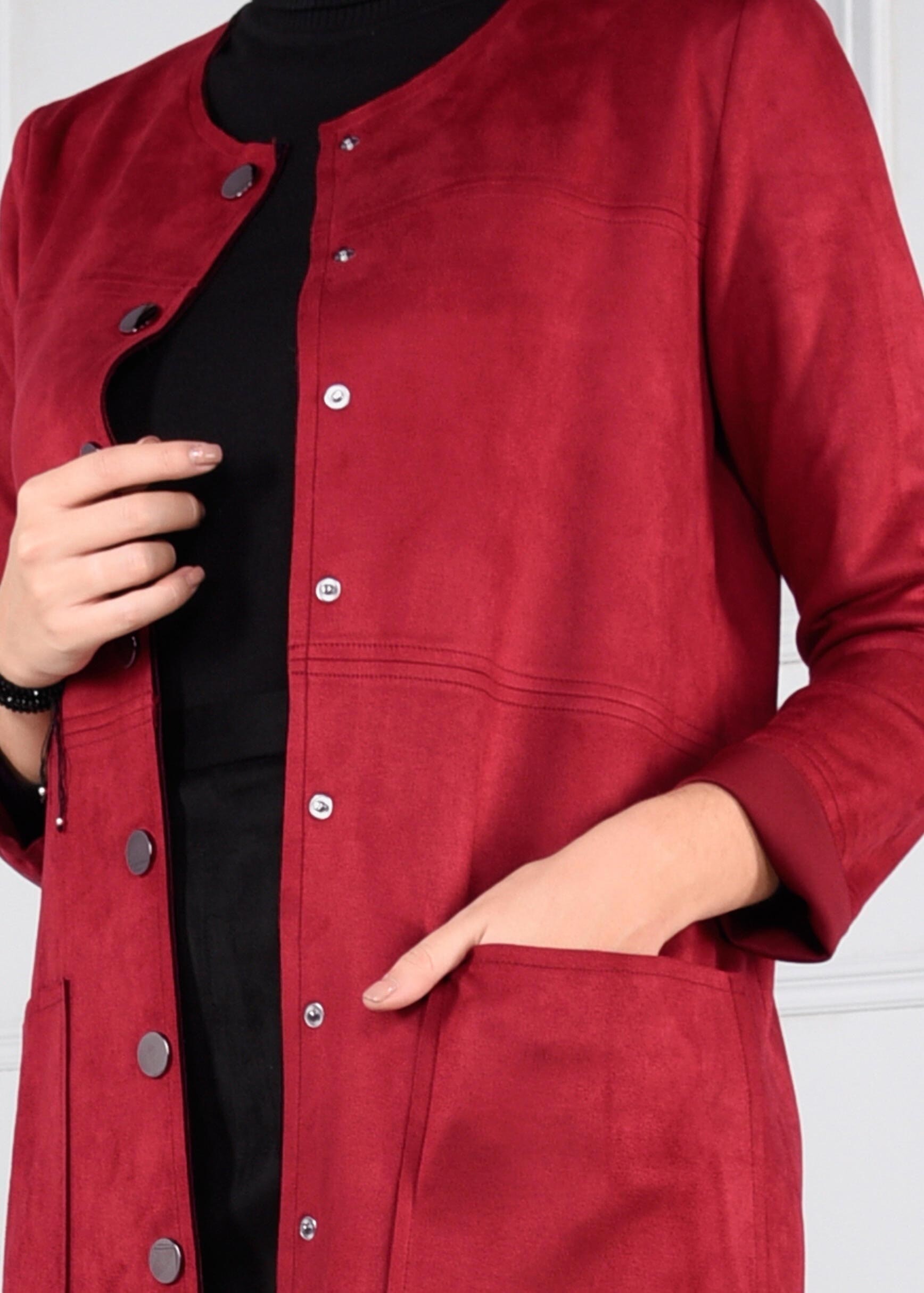 Tesettür giyim BORDO BOYDAN DÜĞMELİ CEPLİ SÜET CEKET 4703 