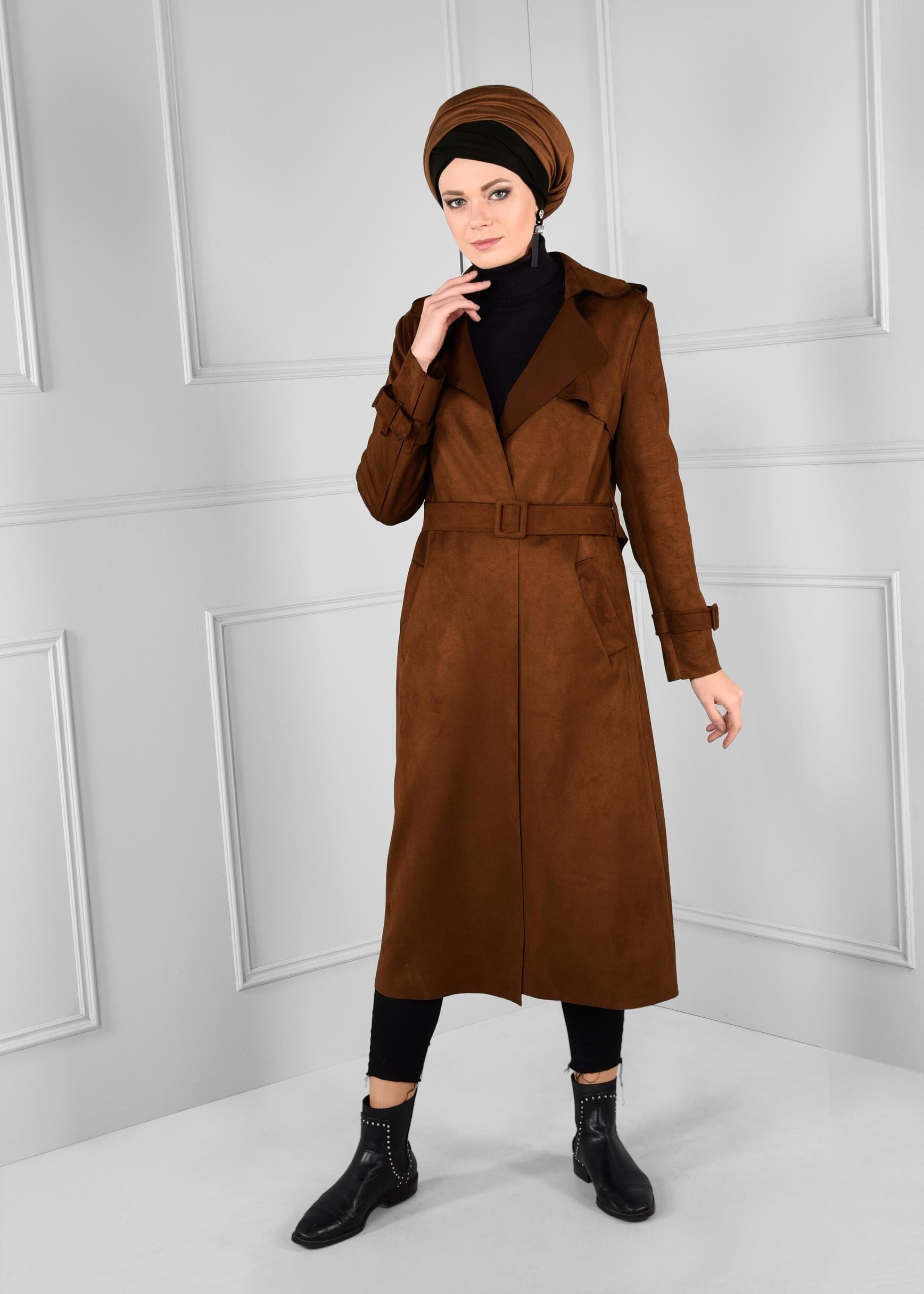 Tesettür giyim KAHVE KEMERLİ SÜET CEKET 4760