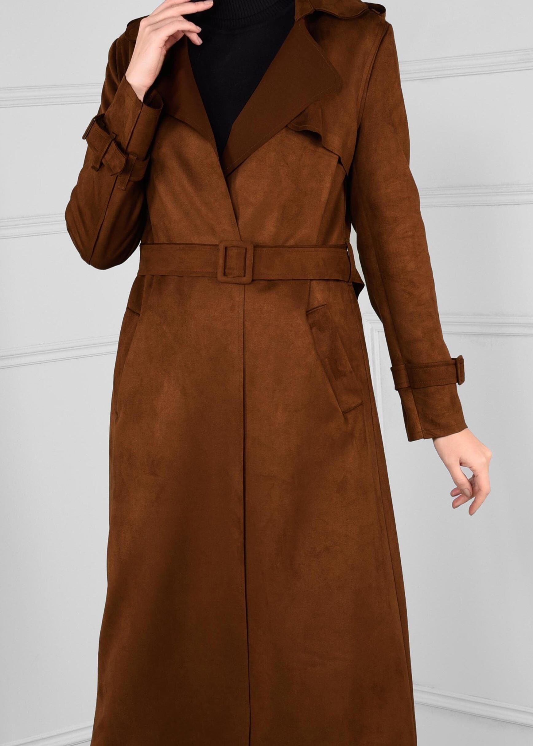 Tesettür giyim KAHVE KEMERLİ SÜET CEKET 4760