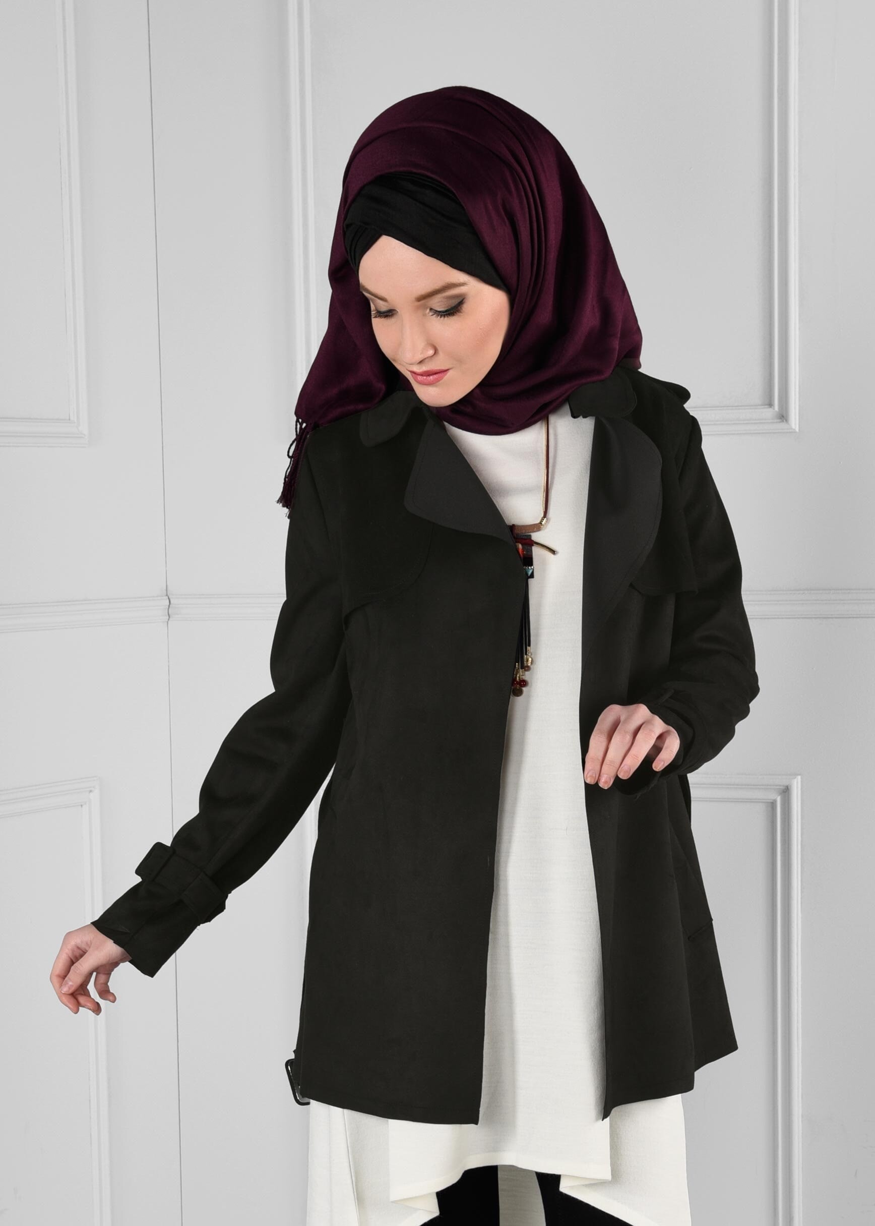 Tesettür giyim SİYAH KEMER DETAYLI CEPLİ SÜET CEKET 4778