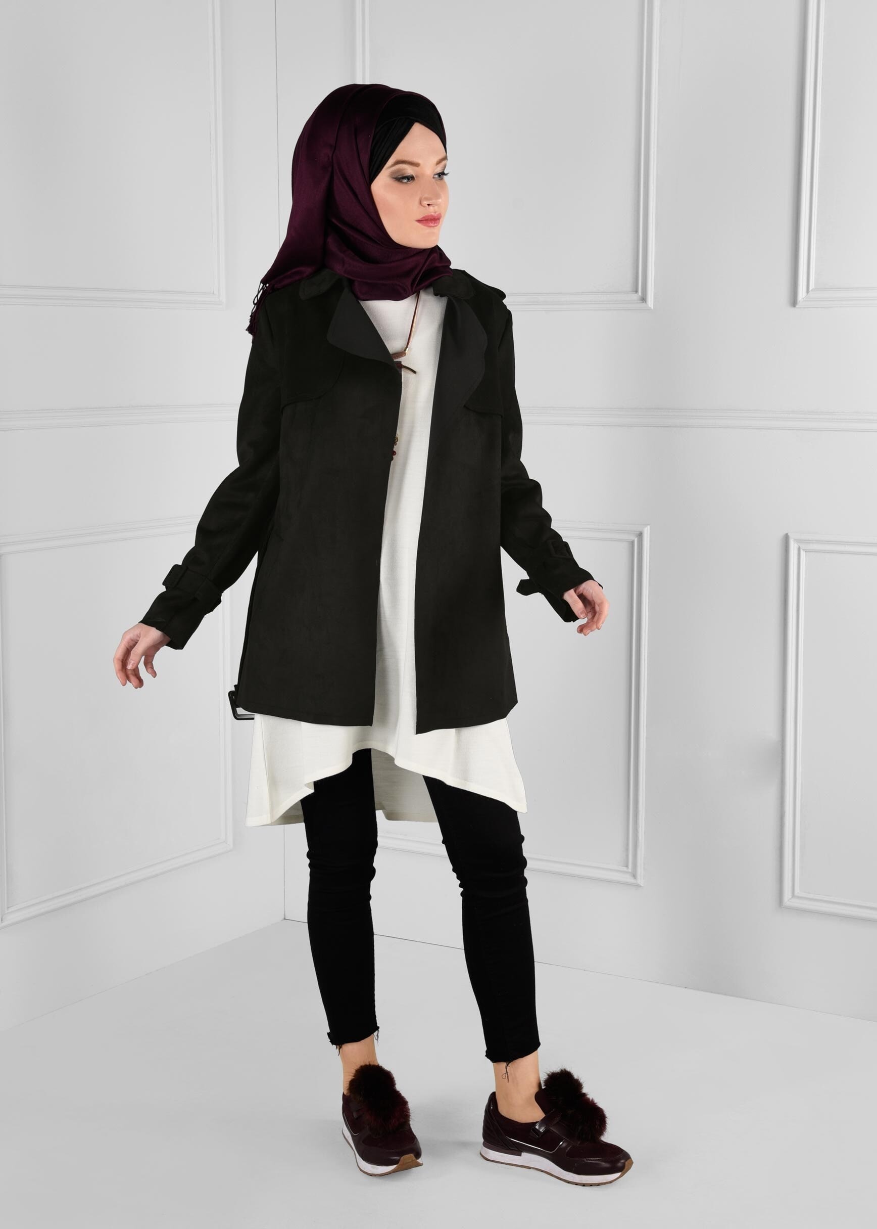 Tesettür giyim SİYAH KEMER DETAYLI CEPLİ SÜET CEKET 4778