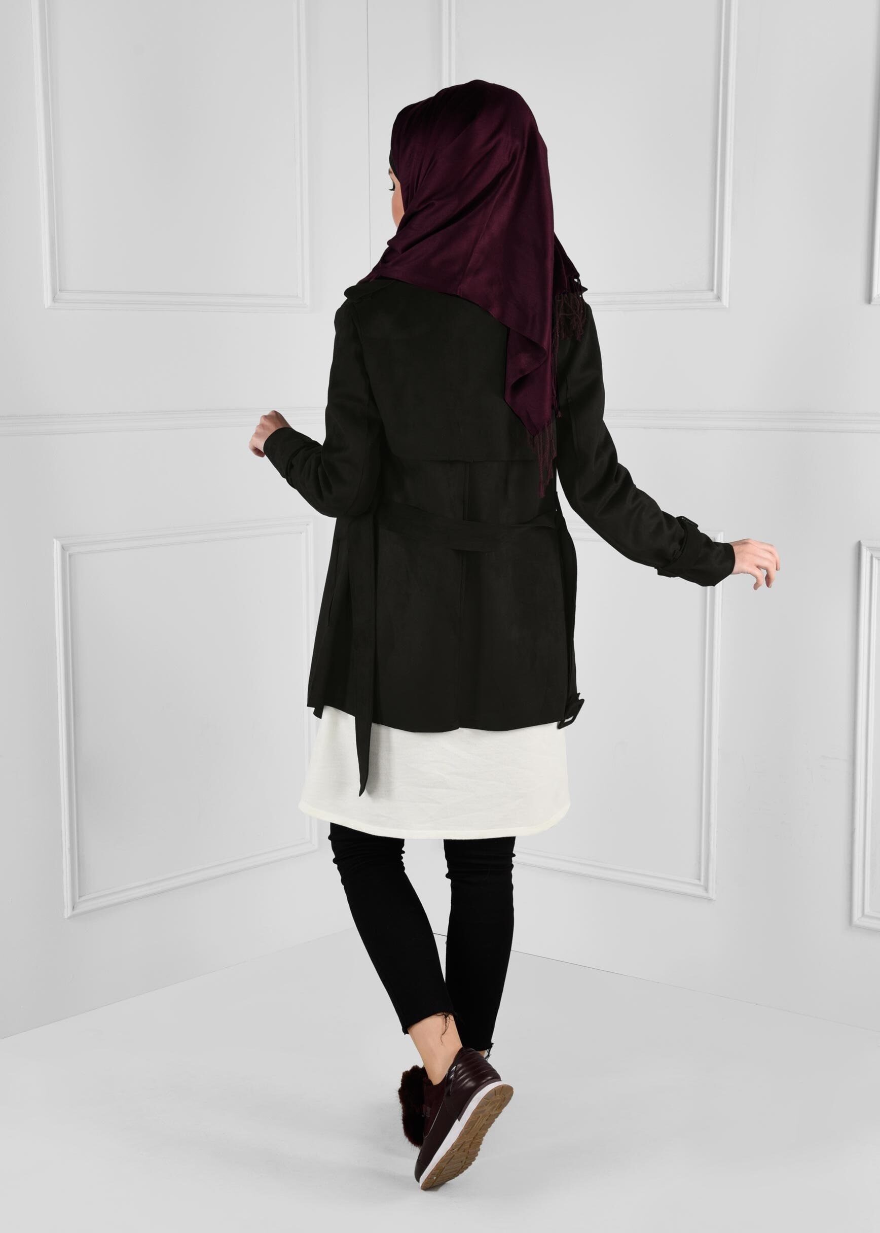 Tesettür giyim SİYAH KEMER DETAYLI CEPLİ SÜET CEKET 4778