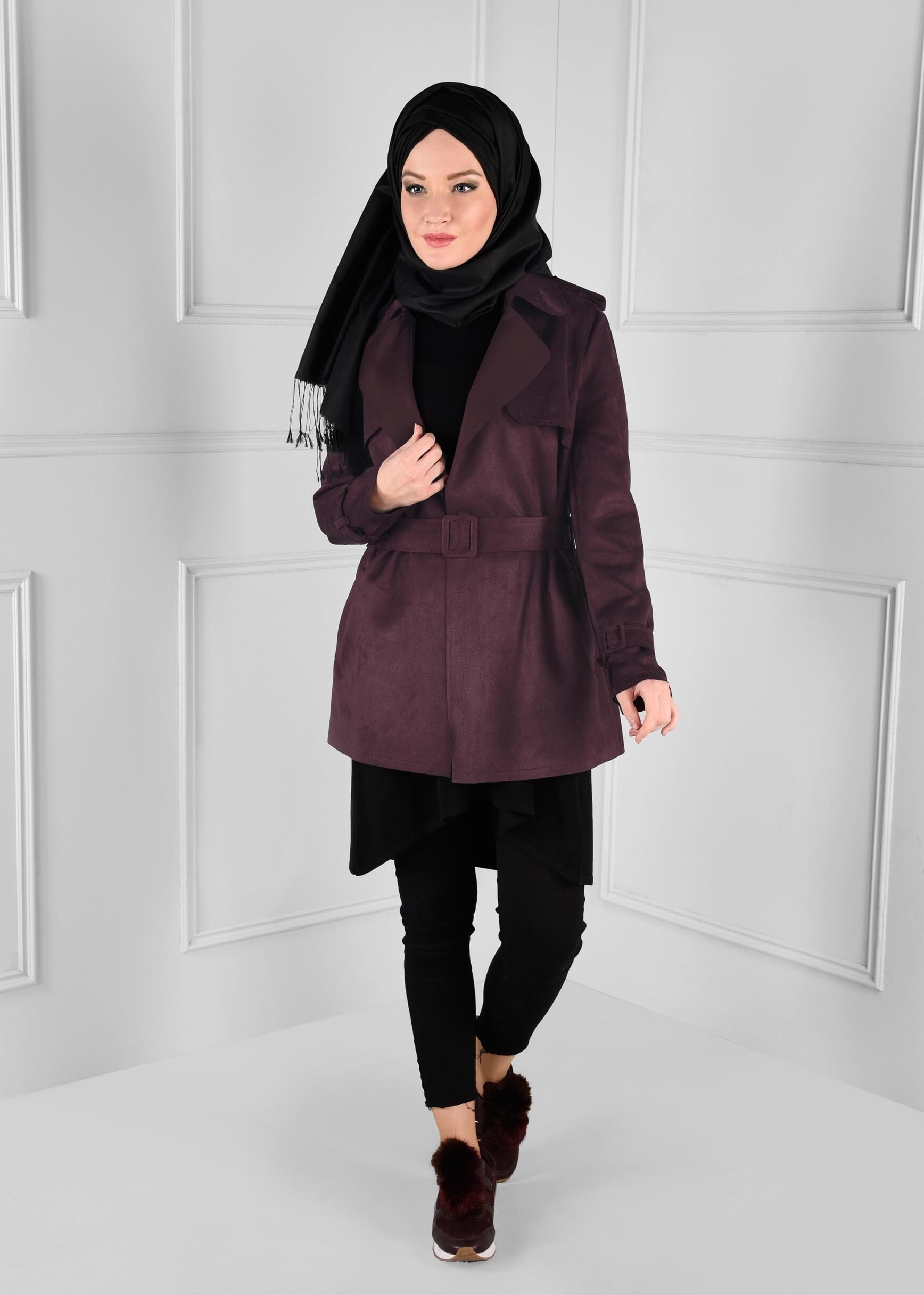 Tesettür giyim BORDO KEMER DETAYLI CEPLİ SÜET CEKET 4778