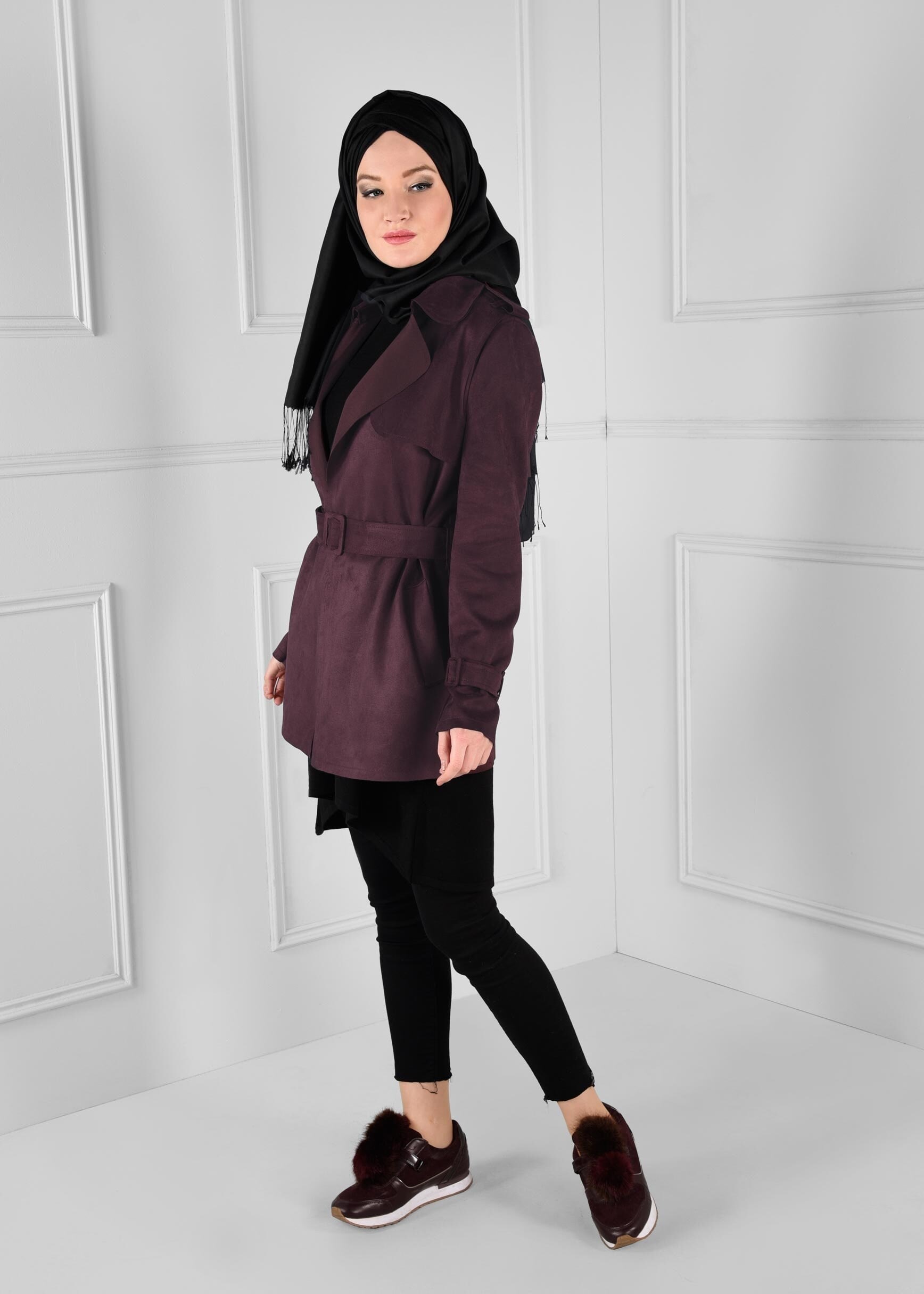 Tesettür giyim BORDO KEMER DETAYLI CEPLİ SÜET CEKET 4778