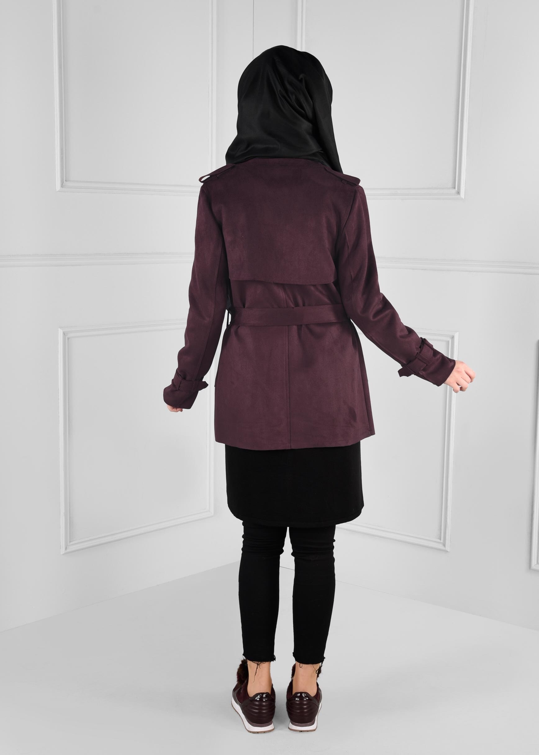 Tesettür giyim BORDO KEMER DETAYLI CEPLİ SÜET CEKET 4778