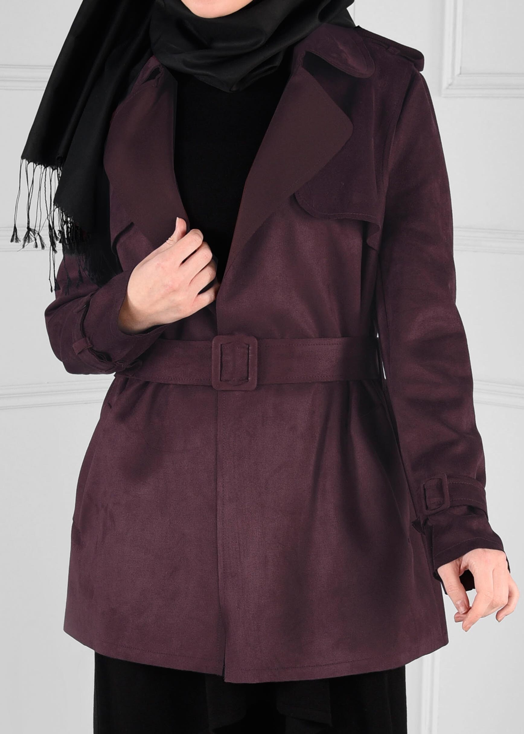 Tesettür giyim BORDO KEMER DETAYLI CEPLİ SÜET CEKET 4778