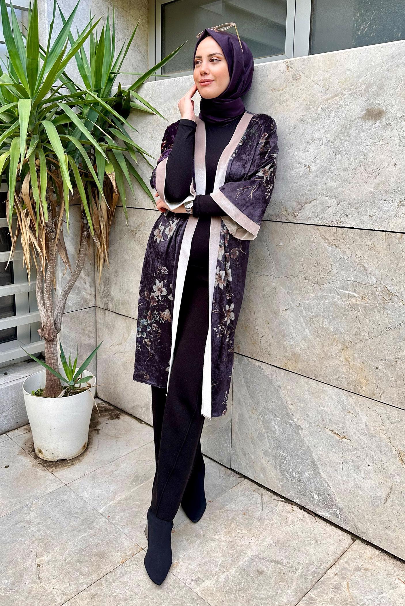 Tesettür giyim MOR ÇİÇEK DESENLİ KADİFE KİMONO CEKET 4785
