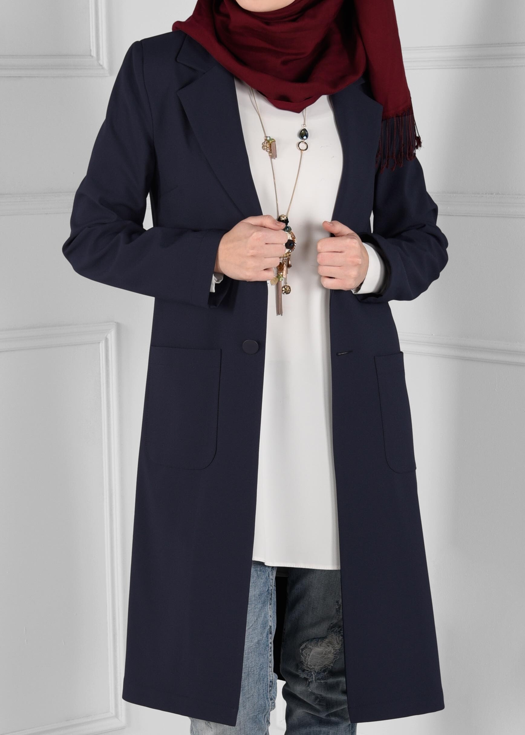 Tesettür giyim LACİVERT CEPLİ DÜĞMELİ DÜZ KESİM CEKET 4800