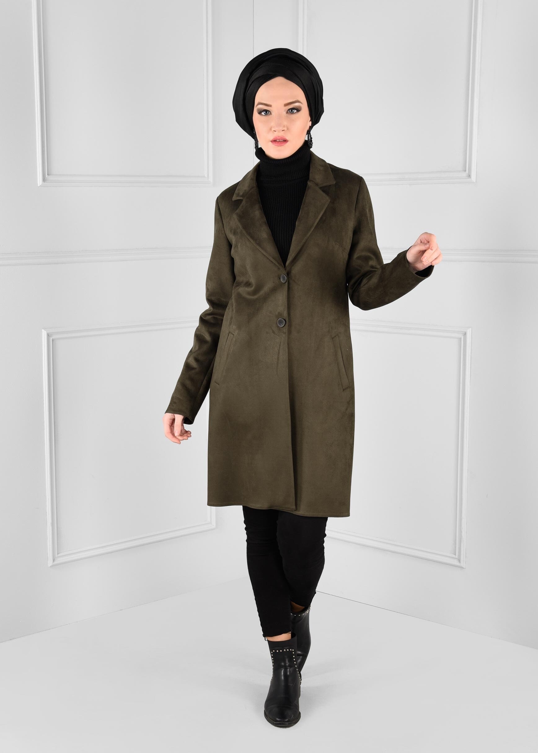 Tesettür giyim HAKİ DÜĞMELİ CEPLİ SÜET CEKET 4820 