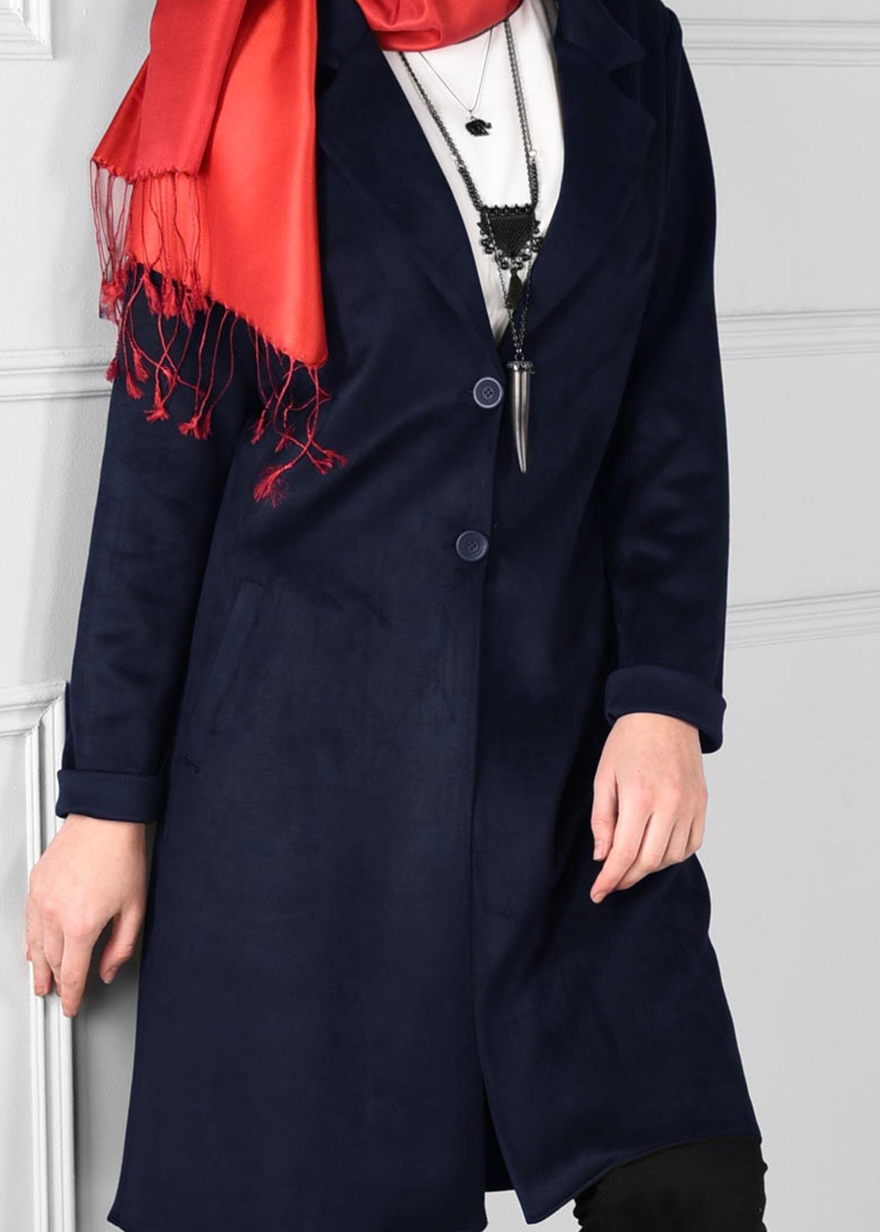 Tesettür giyim LACİVERT DÜĞMELİ CEPLİ SÜET CEKET 4820 