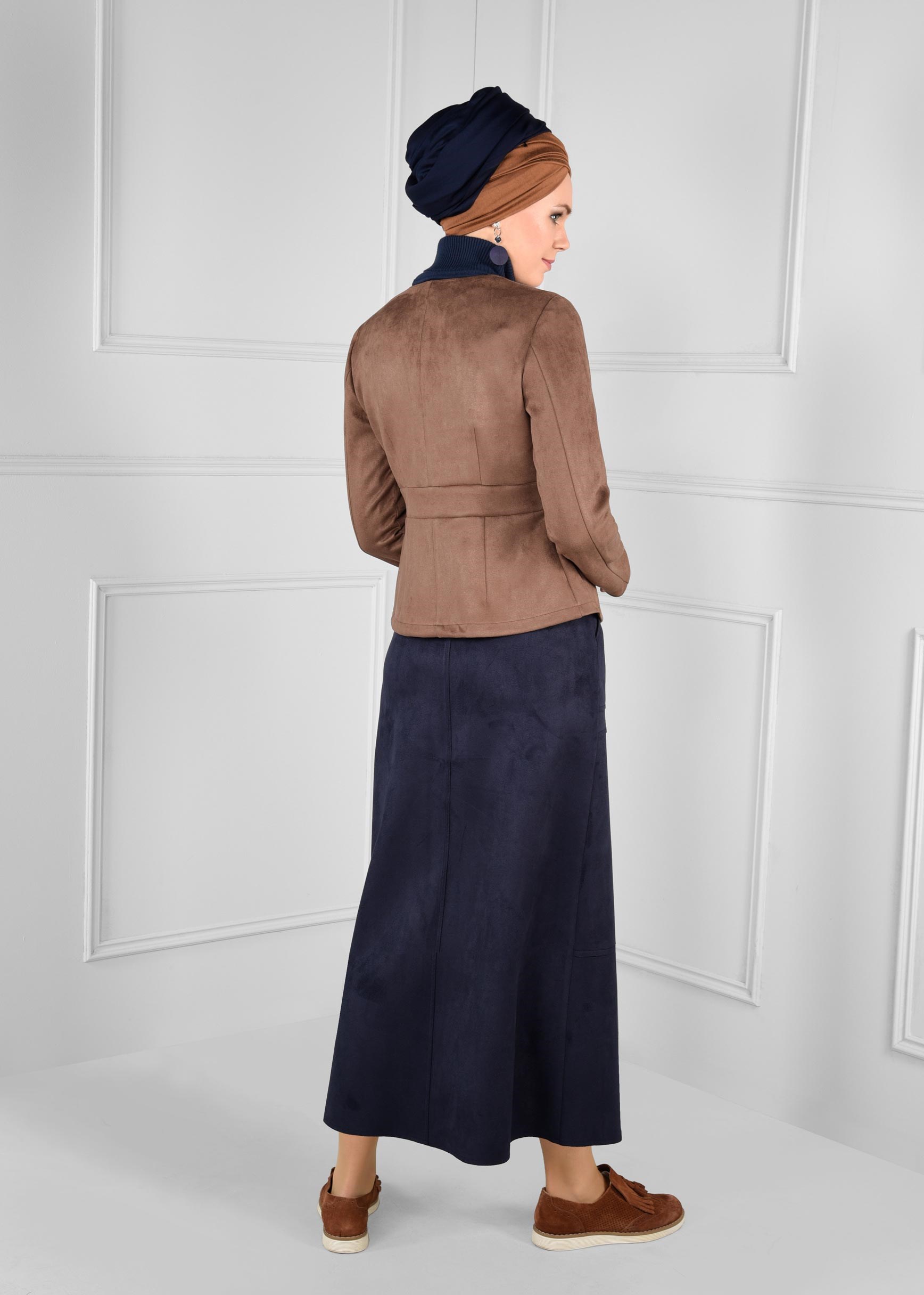 Tesettür giyim KAHVE ÇITÇITLI V YAKA SÜET CEKET 4824