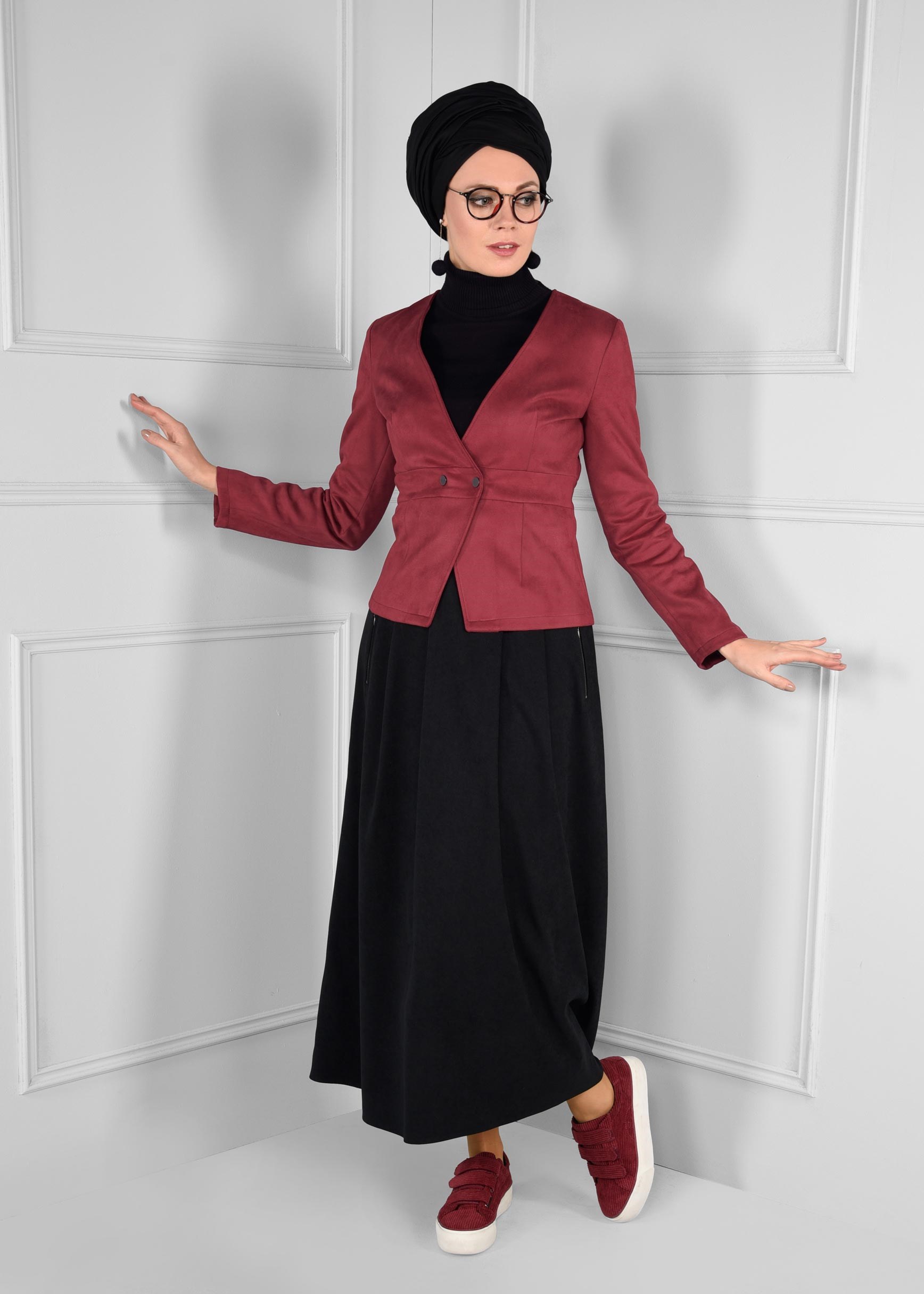 Tesettür giyim BORDO ÇITÇITLI V YAKA SÜET CEKET 4824