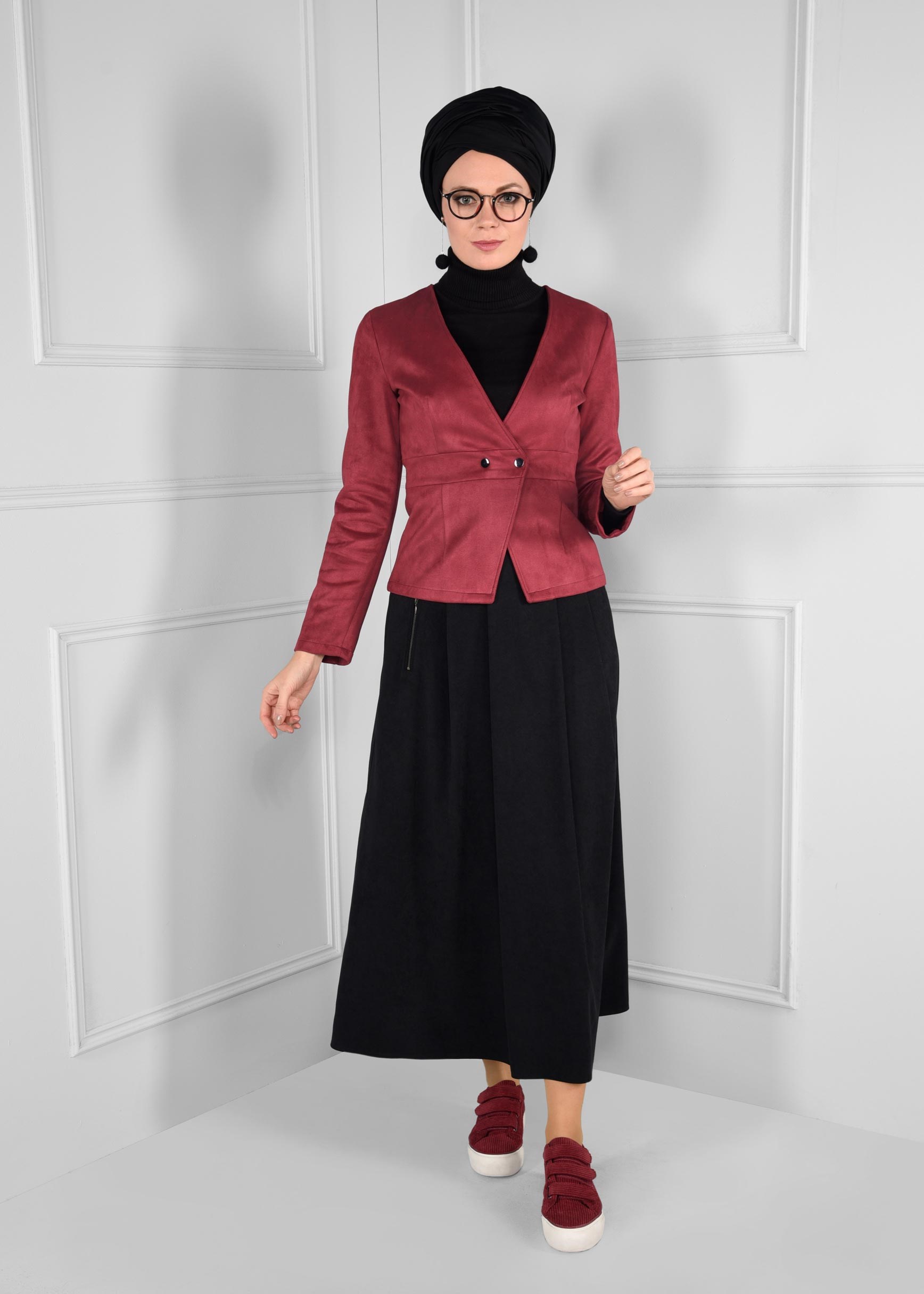 Tesettür giyim BORDO ÇITÇITLI V YAKA SÜET CEKET 4824
