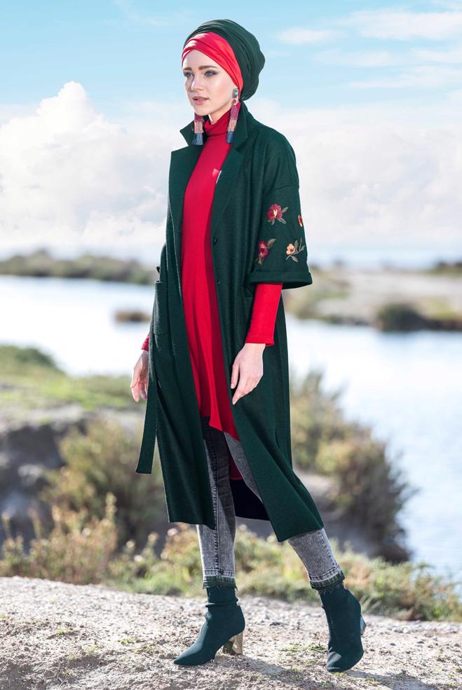 Vêtements hijab VERT VESTE À BRODÉE 4839  - ALVİNA