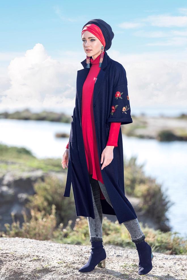 Vêtements hijab BLEU MARINE VESTE À BRODÉE 4839  - ALVİNA