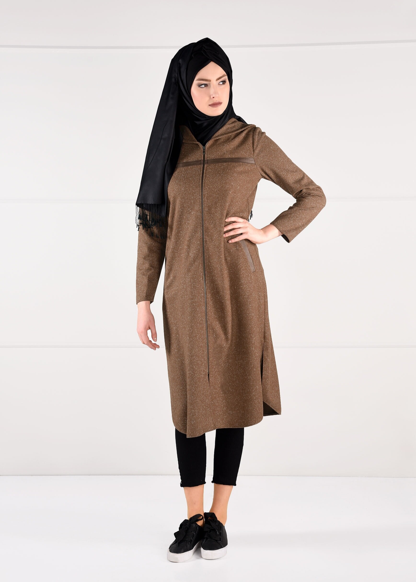Tesettür giyim KAHVE KAPÜŞONLU CEPLİ CEKET 4863 