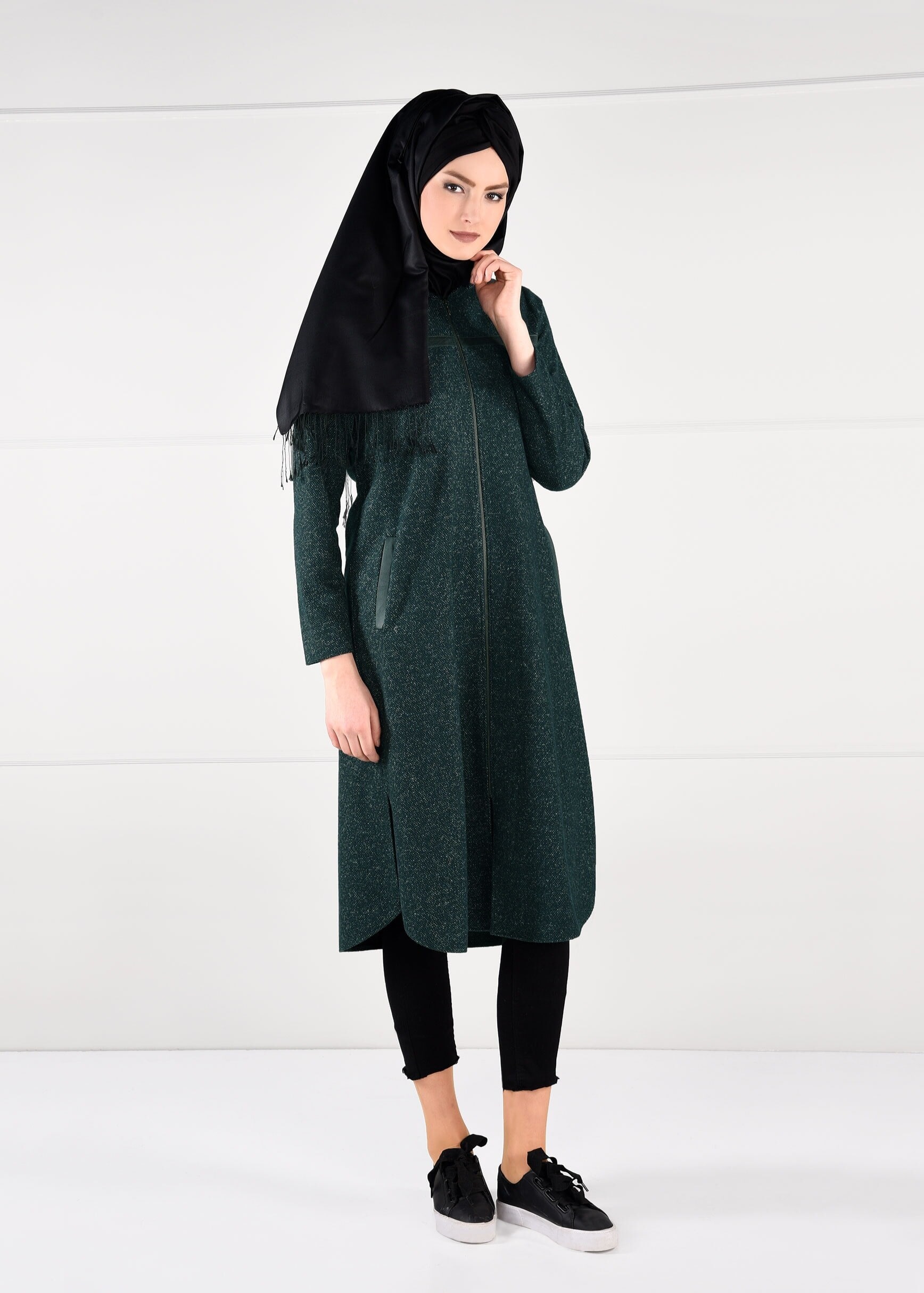 Tesettür giyim YEŞİL KAPÜŞONLU CEPLİ CEKET 4863 