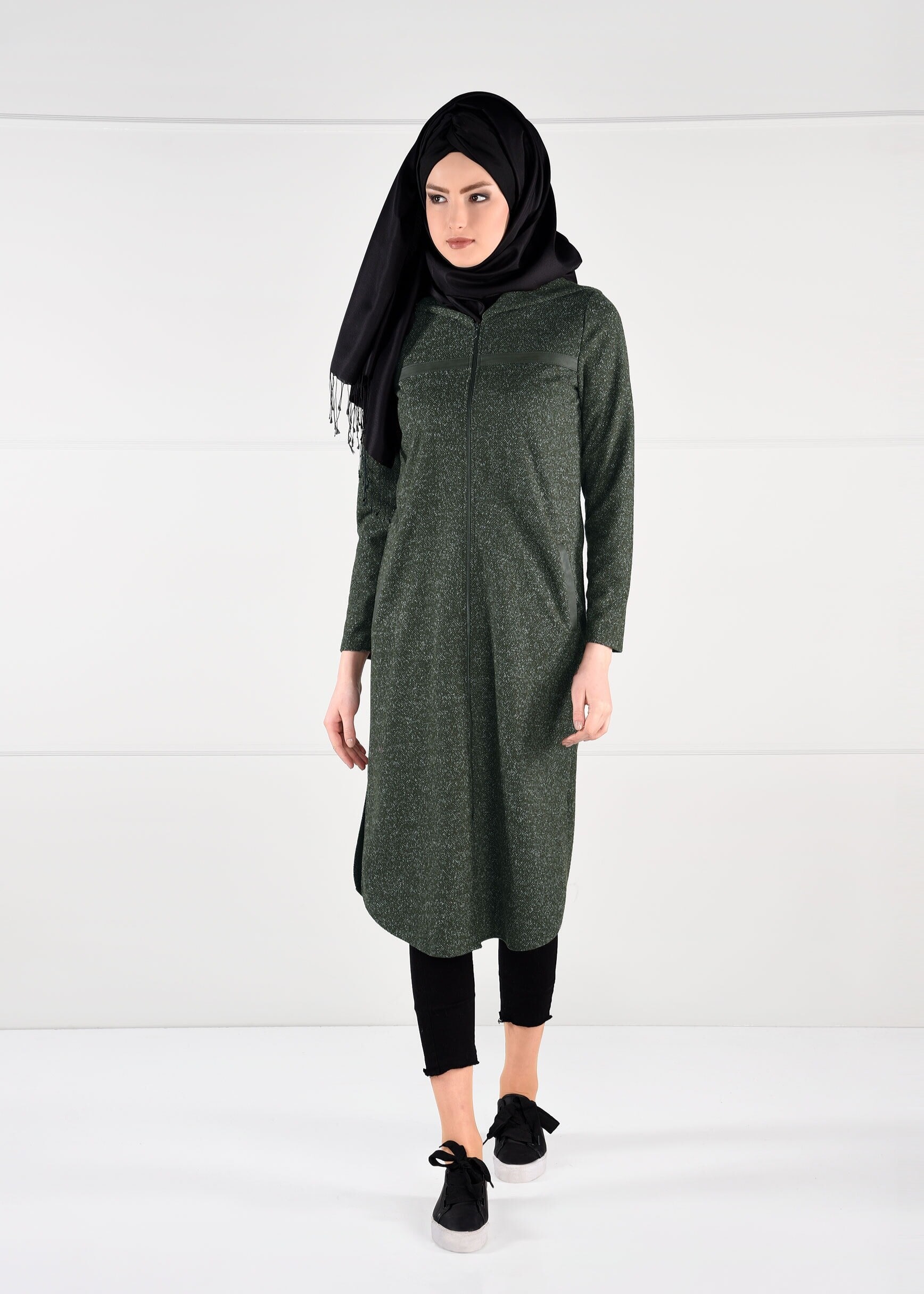 Tesettür giyim YEŞİL KAPÜŞONLU CEPLİ CEKET 4863 