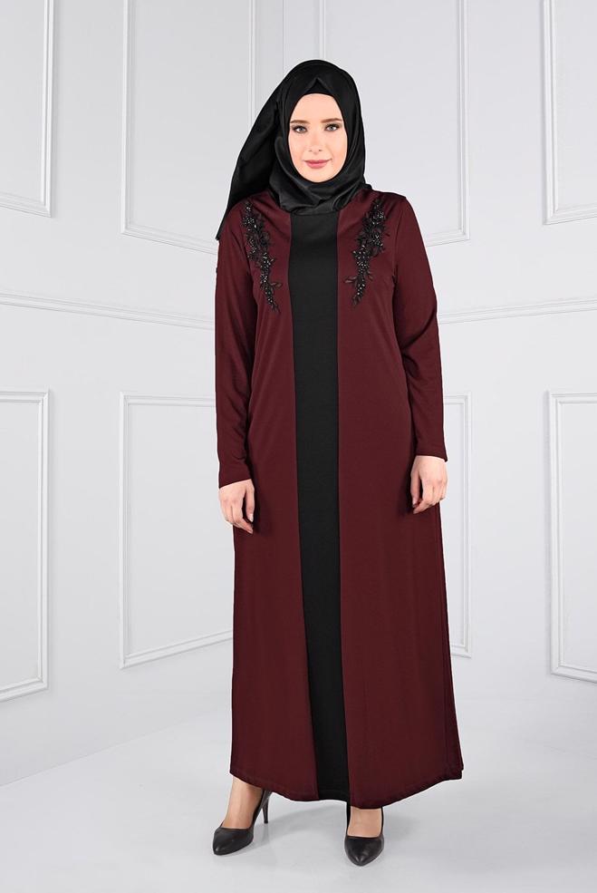 Hijab clothing CLARET RED BEADED DRESS 2742  - ALVİNA