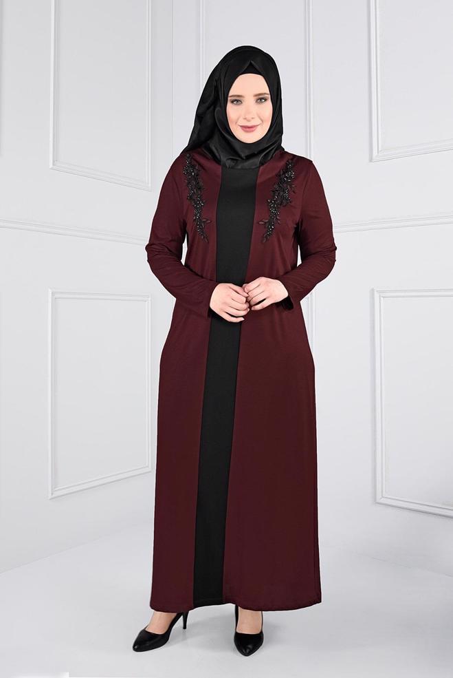 Hijab clothing CLARET RED BEADED DRESS 2742  - ALVİNA