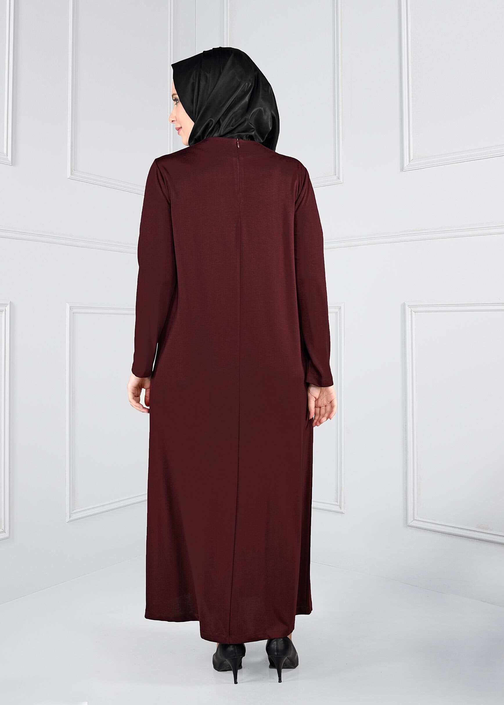 Tesettür giyim BORDO ORTASI ŞERİTLİ GÜPÜR BONCUK İŞLEMELİ ELBİSE 2742