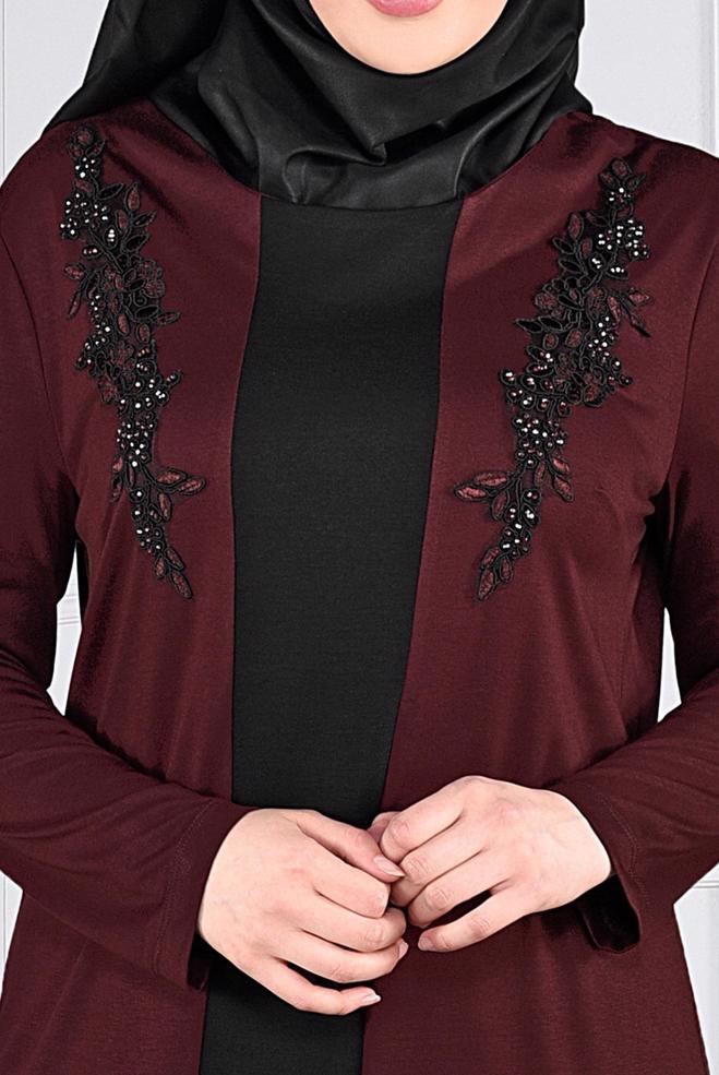 Hijab clothing CLARET RED BEADED DRESS 2742  - ALVİNA