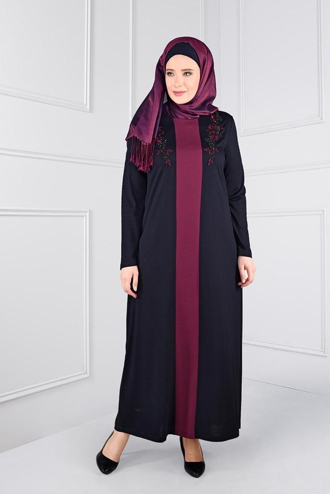 Hijab clothing NAVY BLUE BEADED DRESS 2742  - ALVİNA