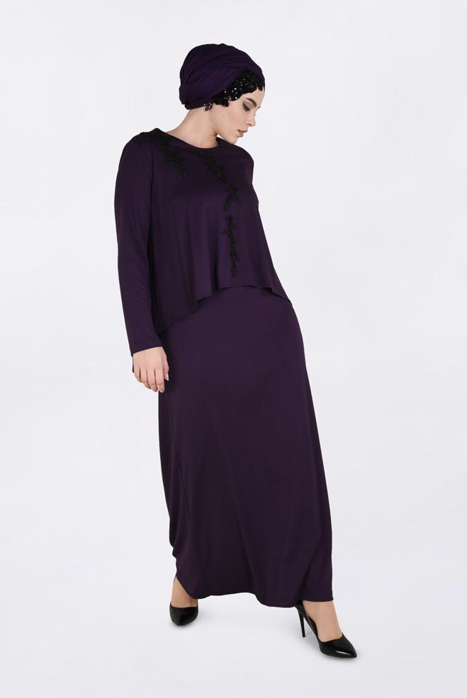 Hijab clothing PURPLE BEADED FLOUNCE DRESS 2751  - ALVİNA