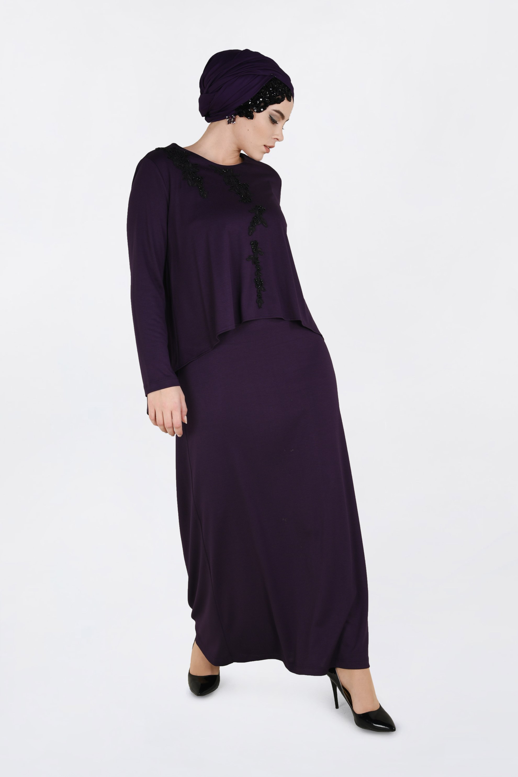 Tesettür giyim MOR GÜPÜR BONCUK İŞLEMELİ ÜSTÜ VOLANLI ELBİSE 2751