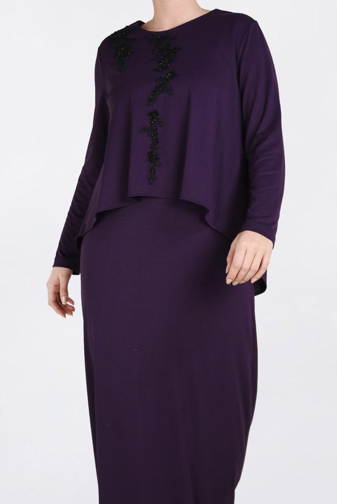 Hijab clothing PURPLE BEADED FLOUNCE DRESS 2751  - ALVİNA
