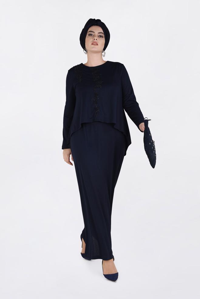 Hijab clothing NAVY BLUE BEADED FLOUNCE DRESS 2751  - ALVİNA