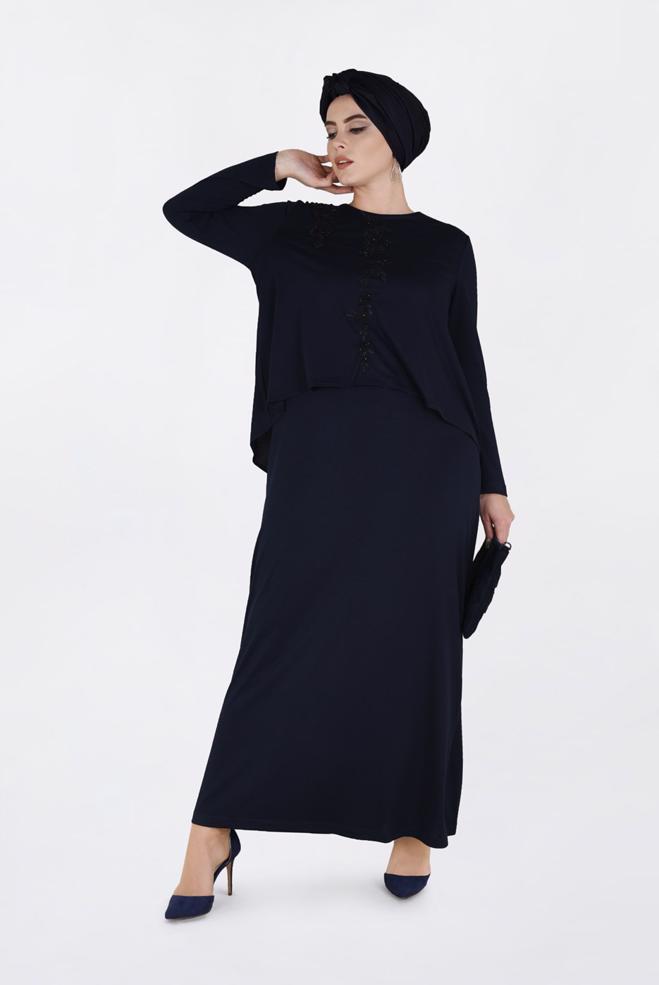 Hijab clothing NAVY BLUE BEADED FLOUNCE DRESS 2751  - ALVİNA