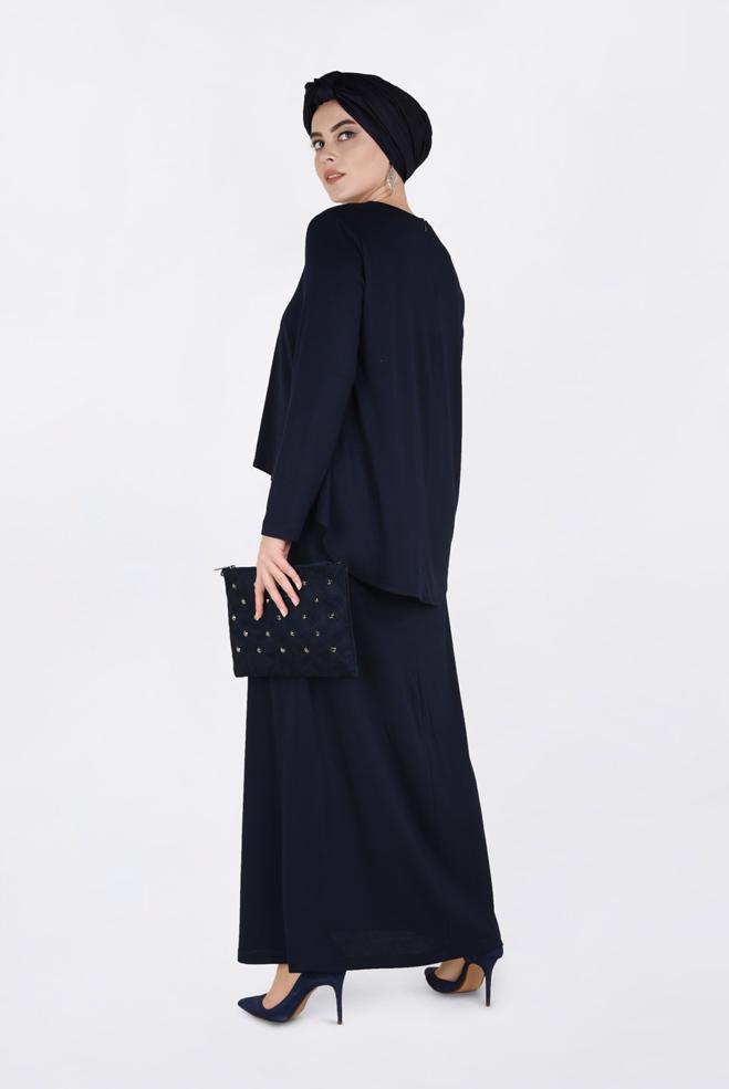 Hijab clothing NAVY BLUE BEADED FLOUNCE DRESS 2751  - ALVİNA