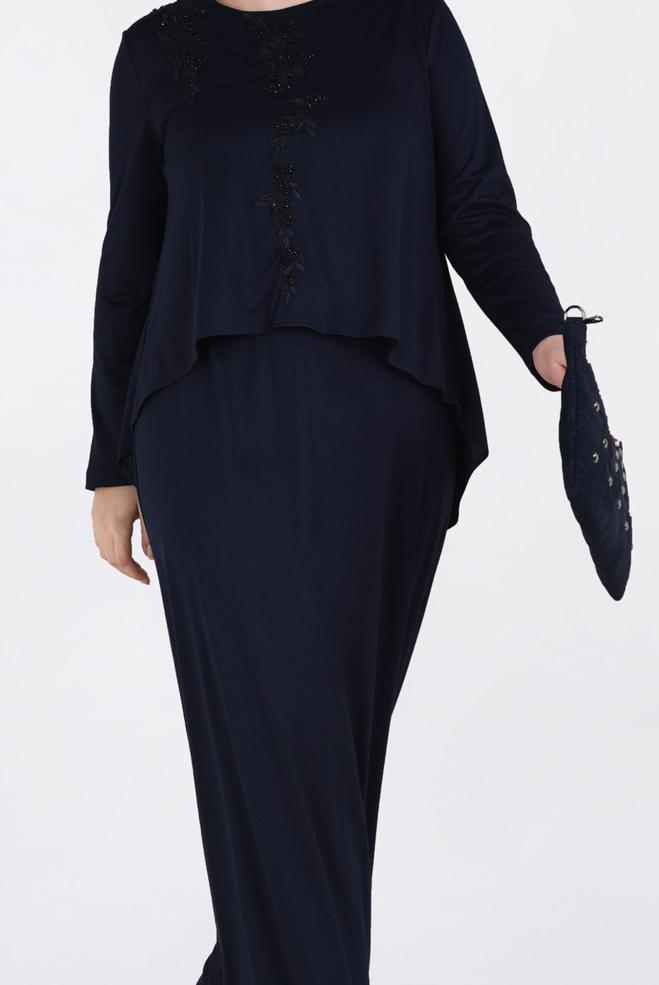 Hijab clothing NAVY BLUE BEADED FLOUNCE DRESS 2751  - ALVİNA