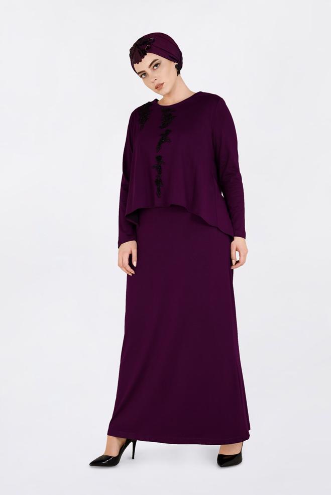 Hijab clothing PURPLE BEADED FLOUNCE DRESS 2751  - ALVİNA