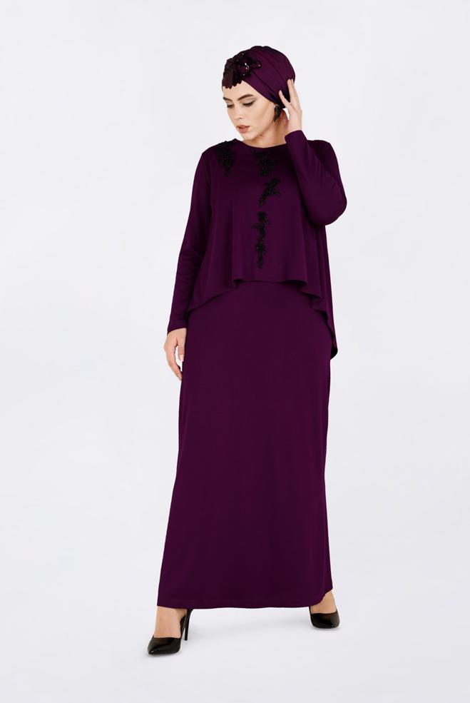 Hijab clothing PURPLE BEADED FLOUNCE DRESS 2751  - ALVİNA