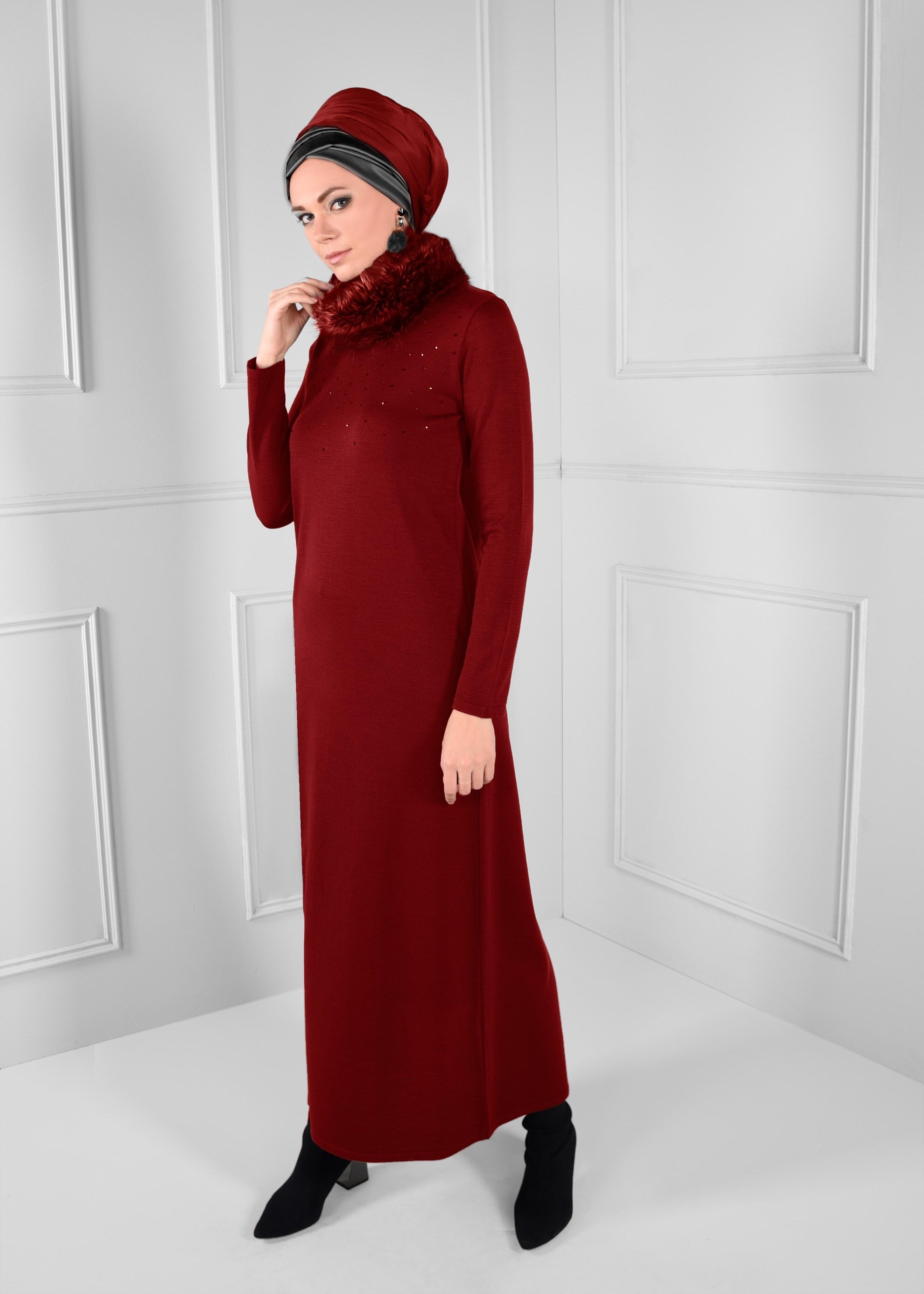 Tesettür giyim KIRMIZI  TRİKO ELBİSE 4579