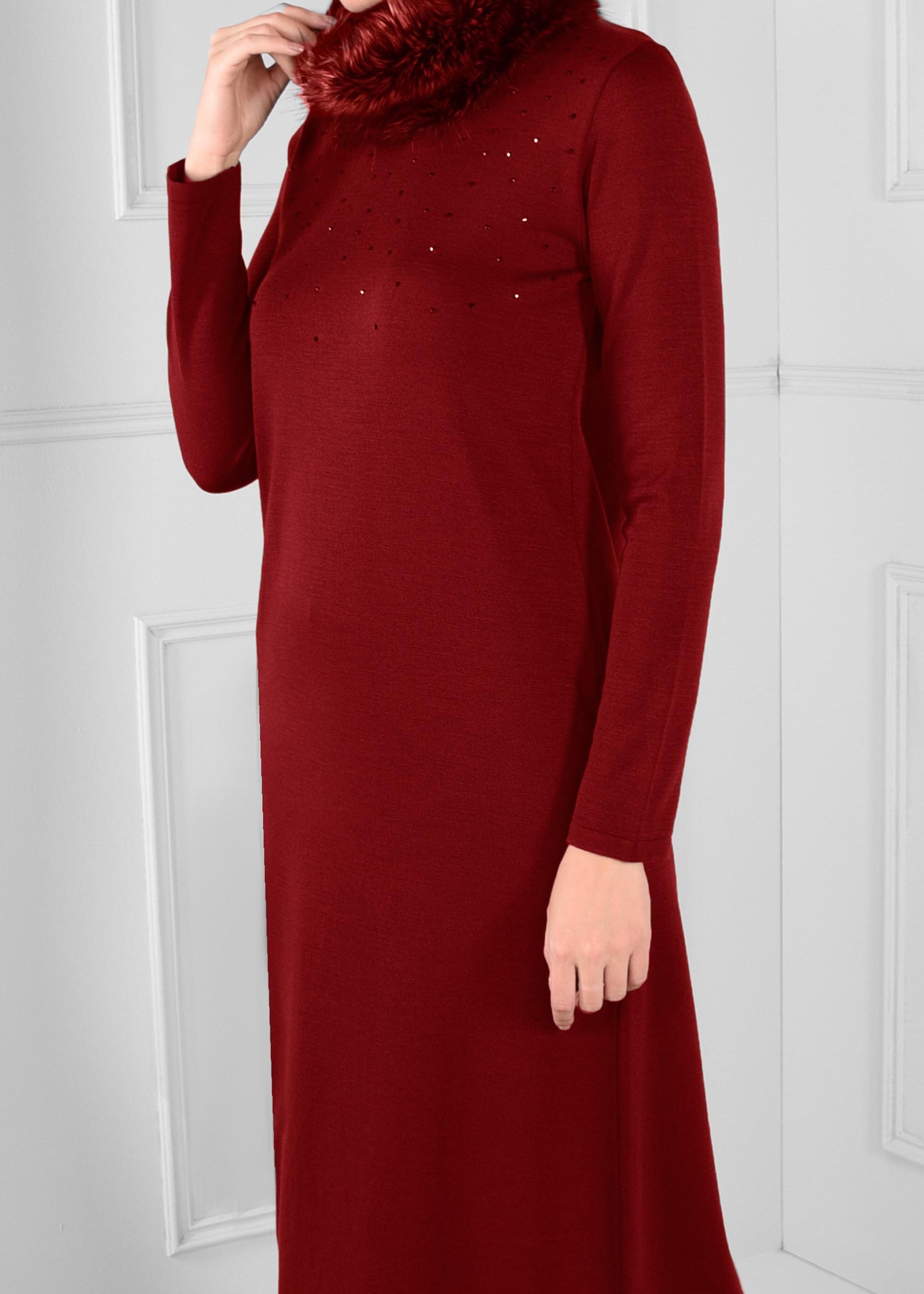 Tesettür giyim KIRMIZI  TRİKO ELBİSE 4579