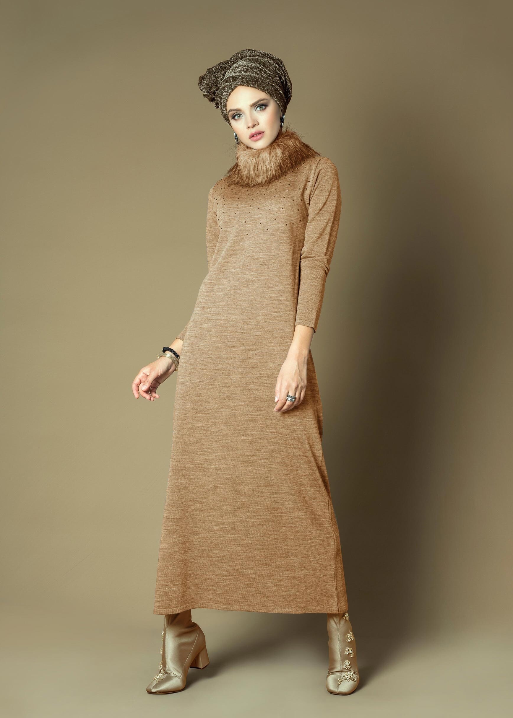 Tesettür giyim KAHVE  TRİKO ELBİSE 4579