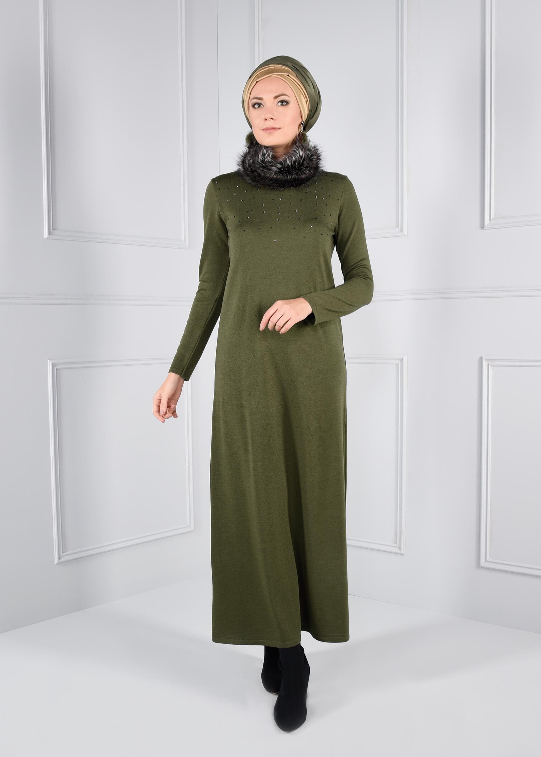 Tesettür giyim HAKİ  TRİKO ELBİSE 4579