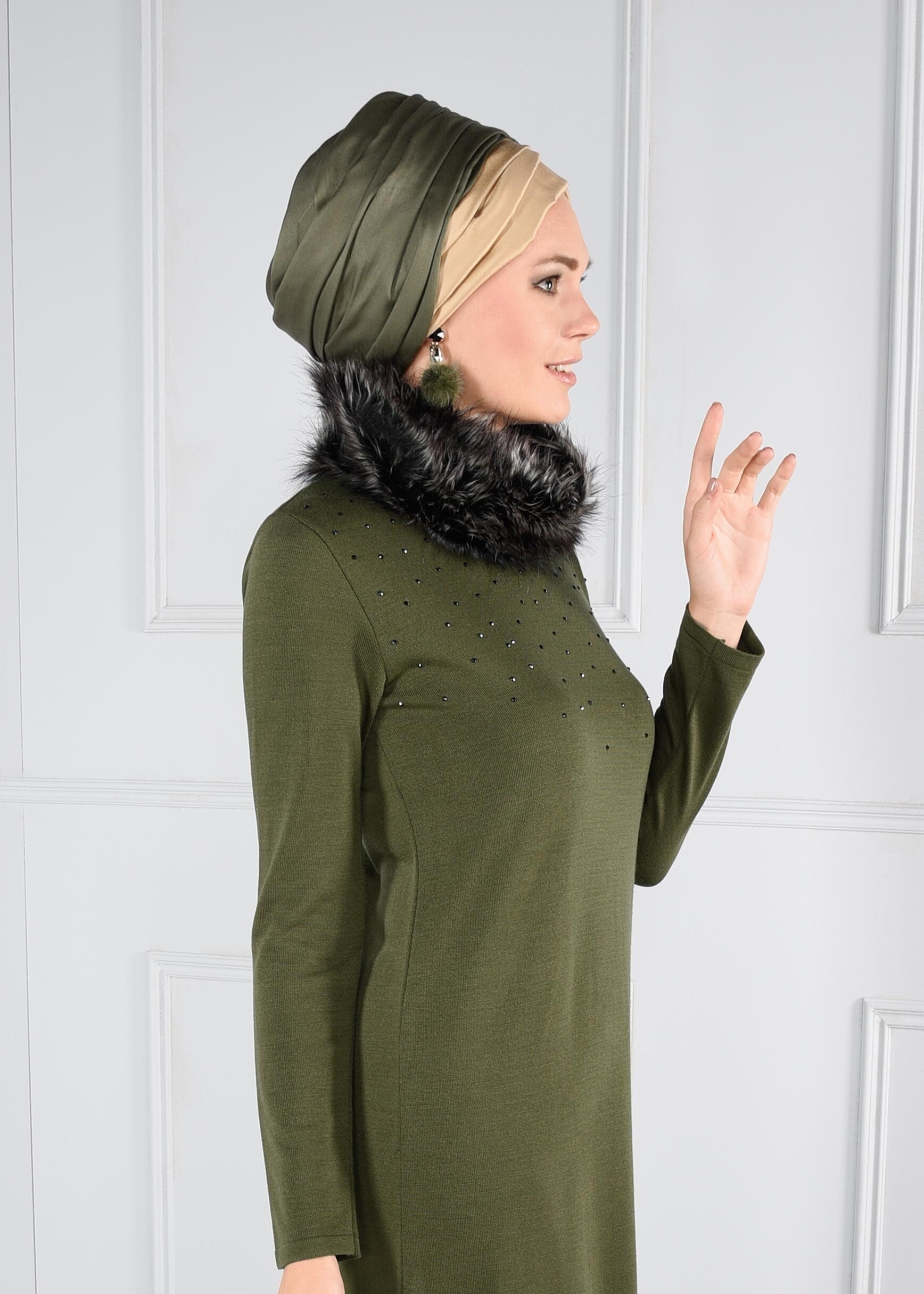 Tesettür giyim HAKİ  TRİKO ELBİSE 4579