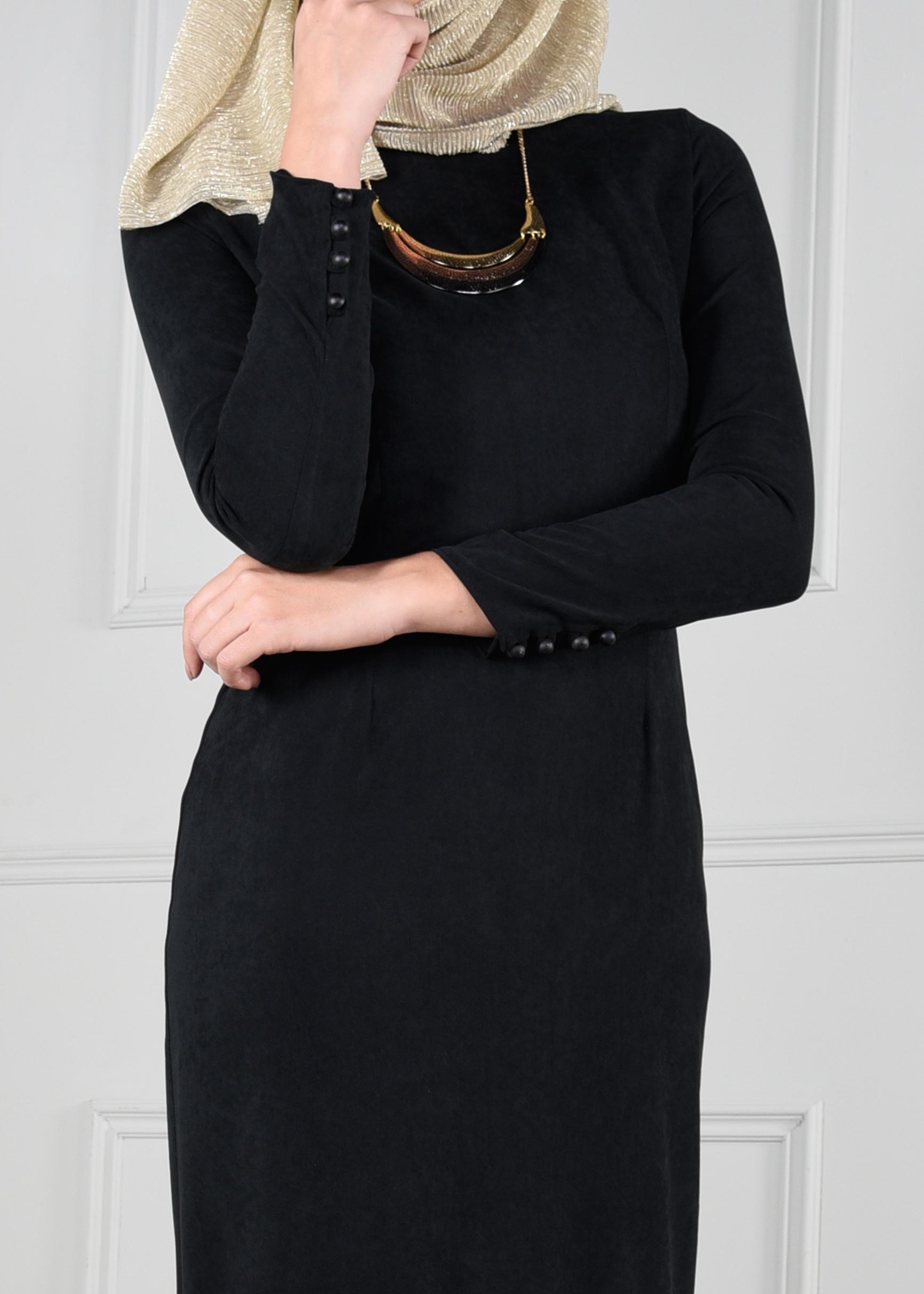 Tesettür giyim SİYAH VOLANLI SÜET ELBİSE 4602 