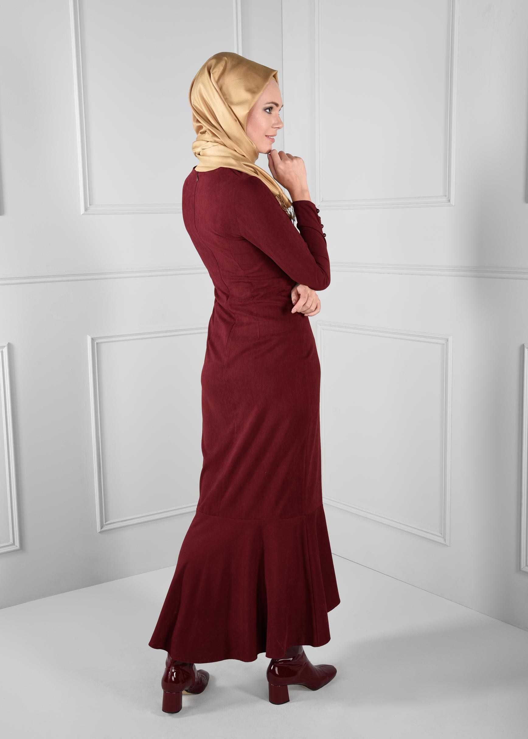Tesettür giyim BORDO VOLANLI SÜET ELBİSE 4602 